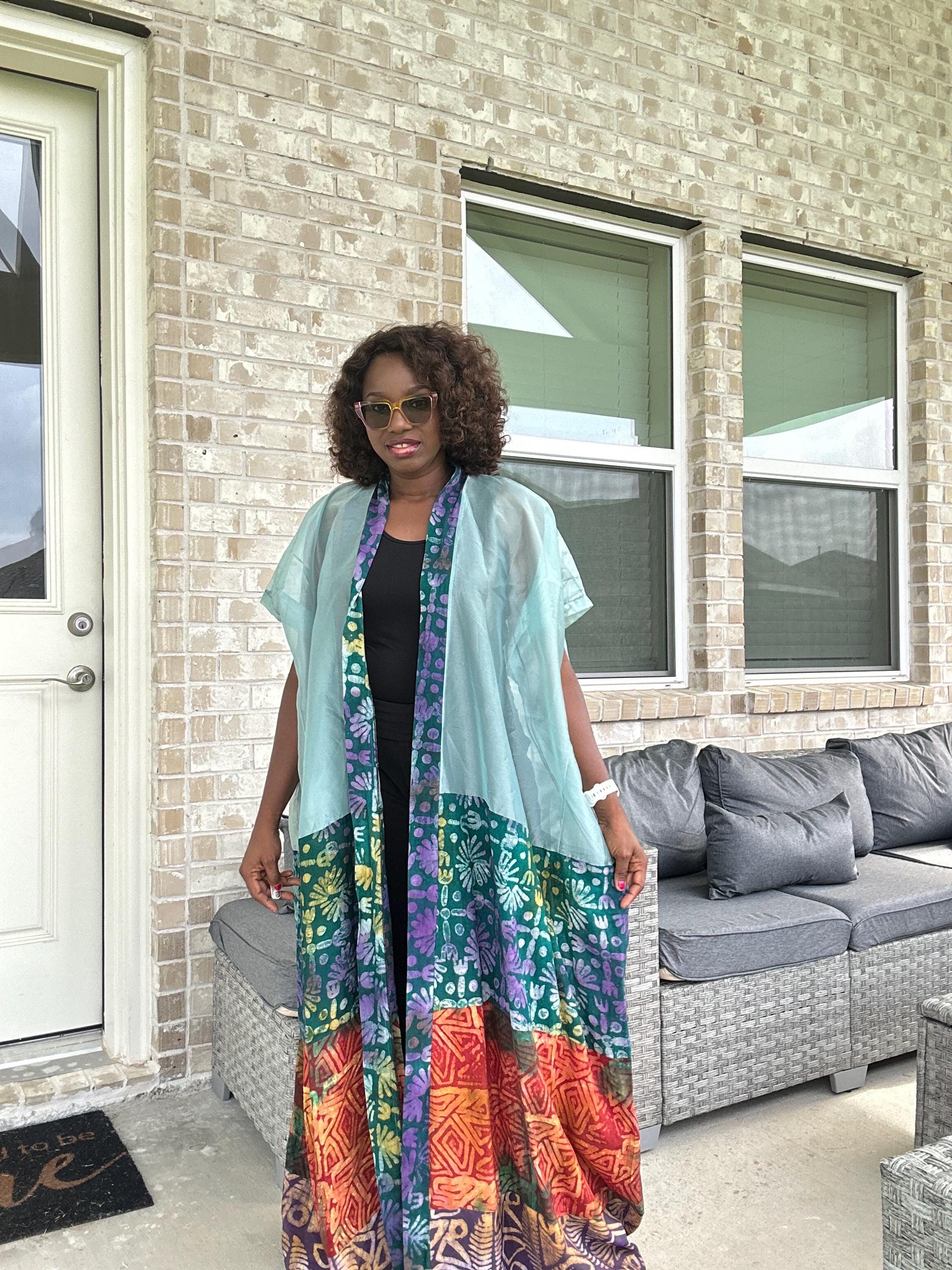 Handmade Adire & Organza Kimono: African Print Boho Duster