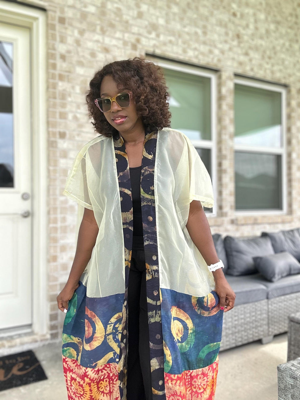 Sheer Organza Adire Kimono: African Print Boho Duster