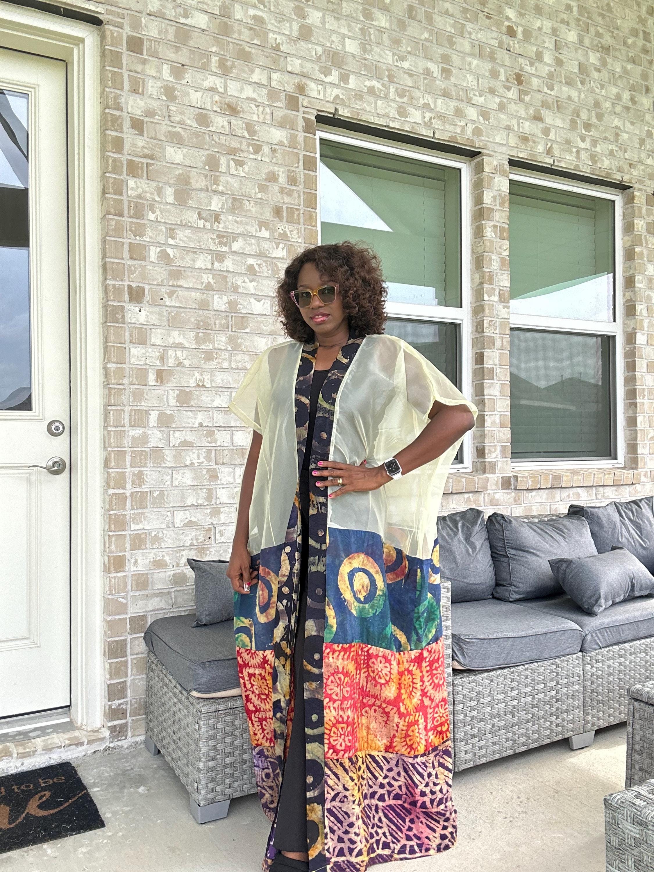 Sheer Organza Adire Kimono: African Print Boho Duster