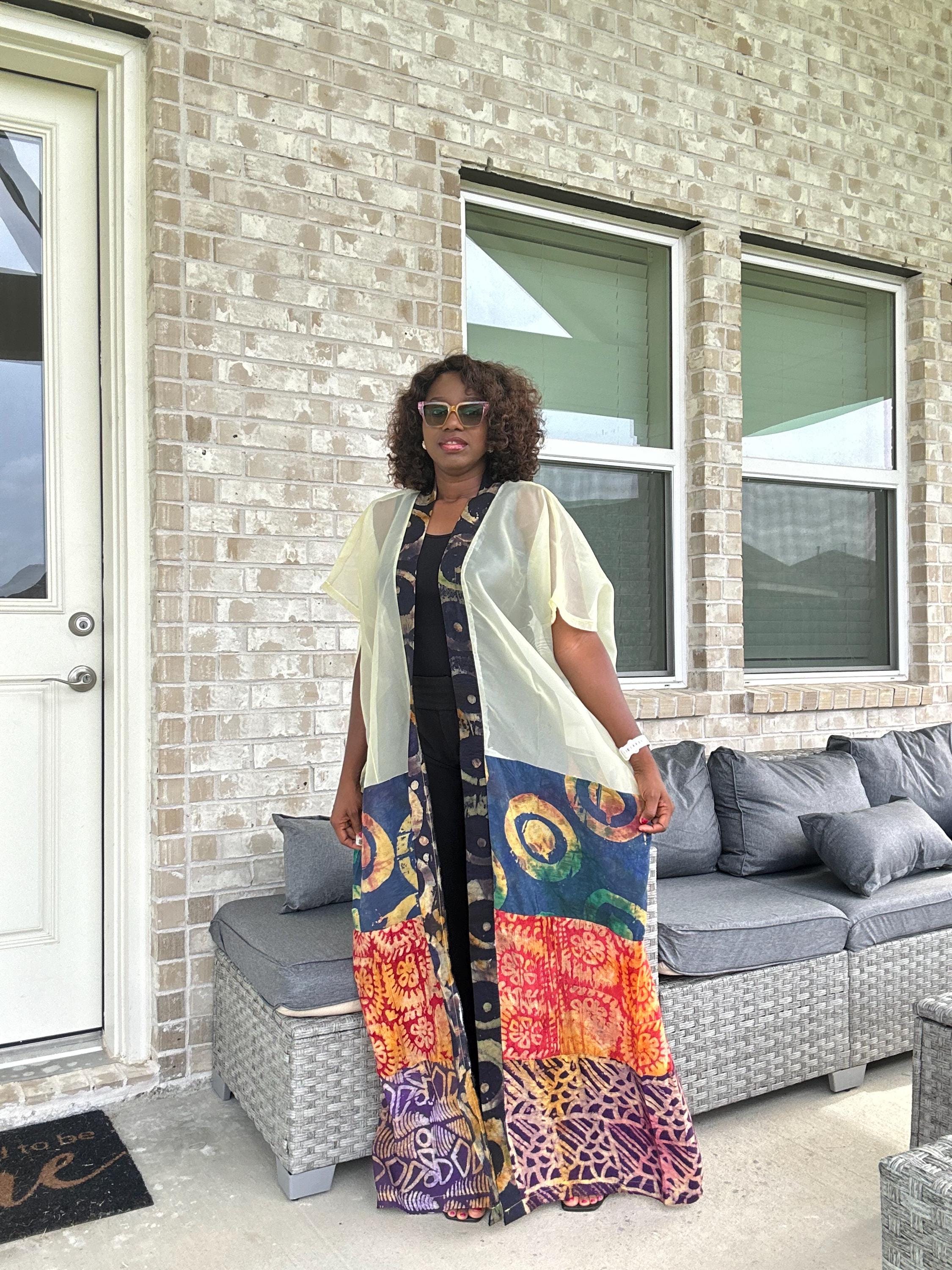 Sheer Organza Adire Kimono: African Print Boho Duster