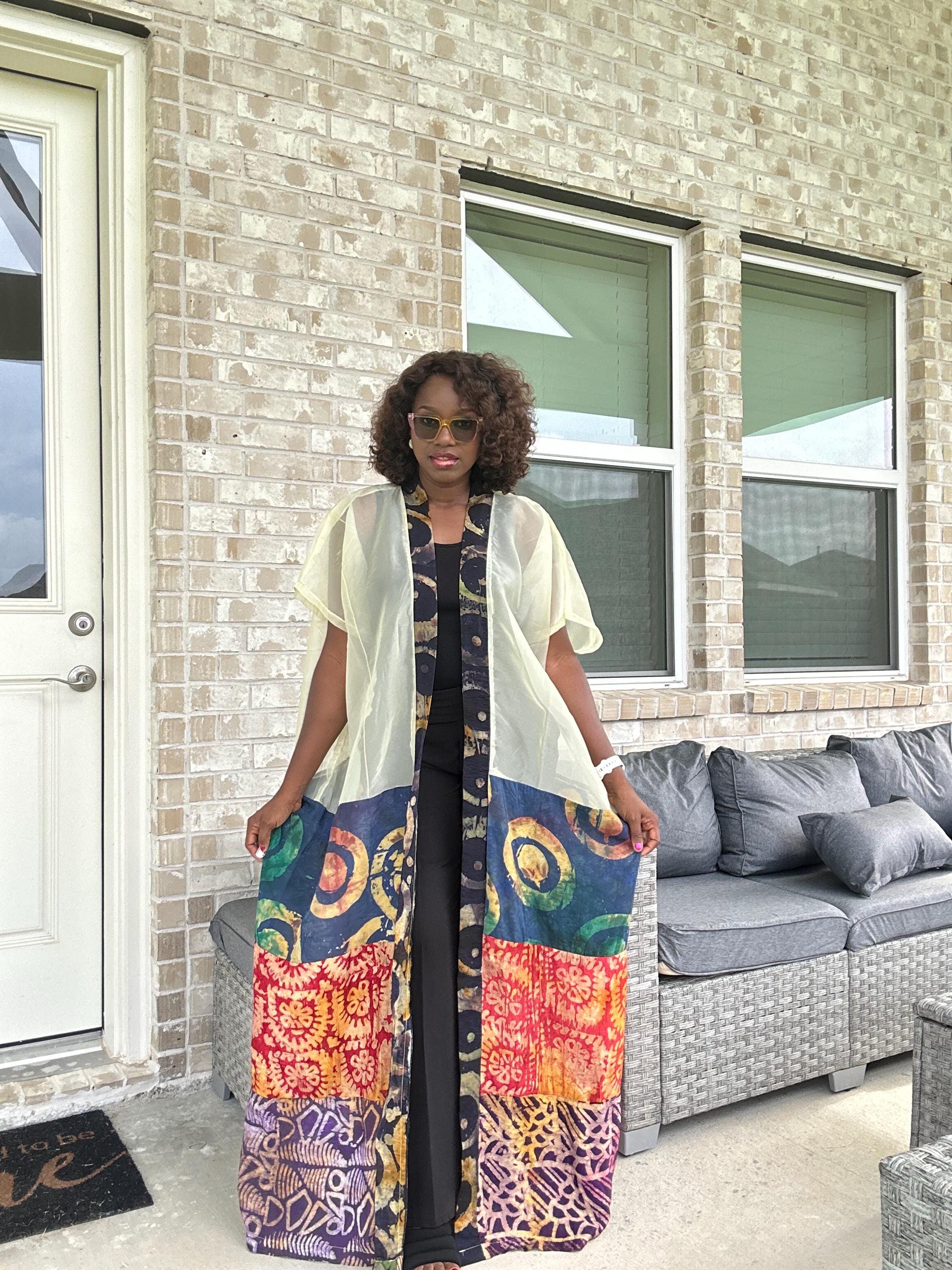 Sheer Organza Adire Kimono: African Print Boho Duster