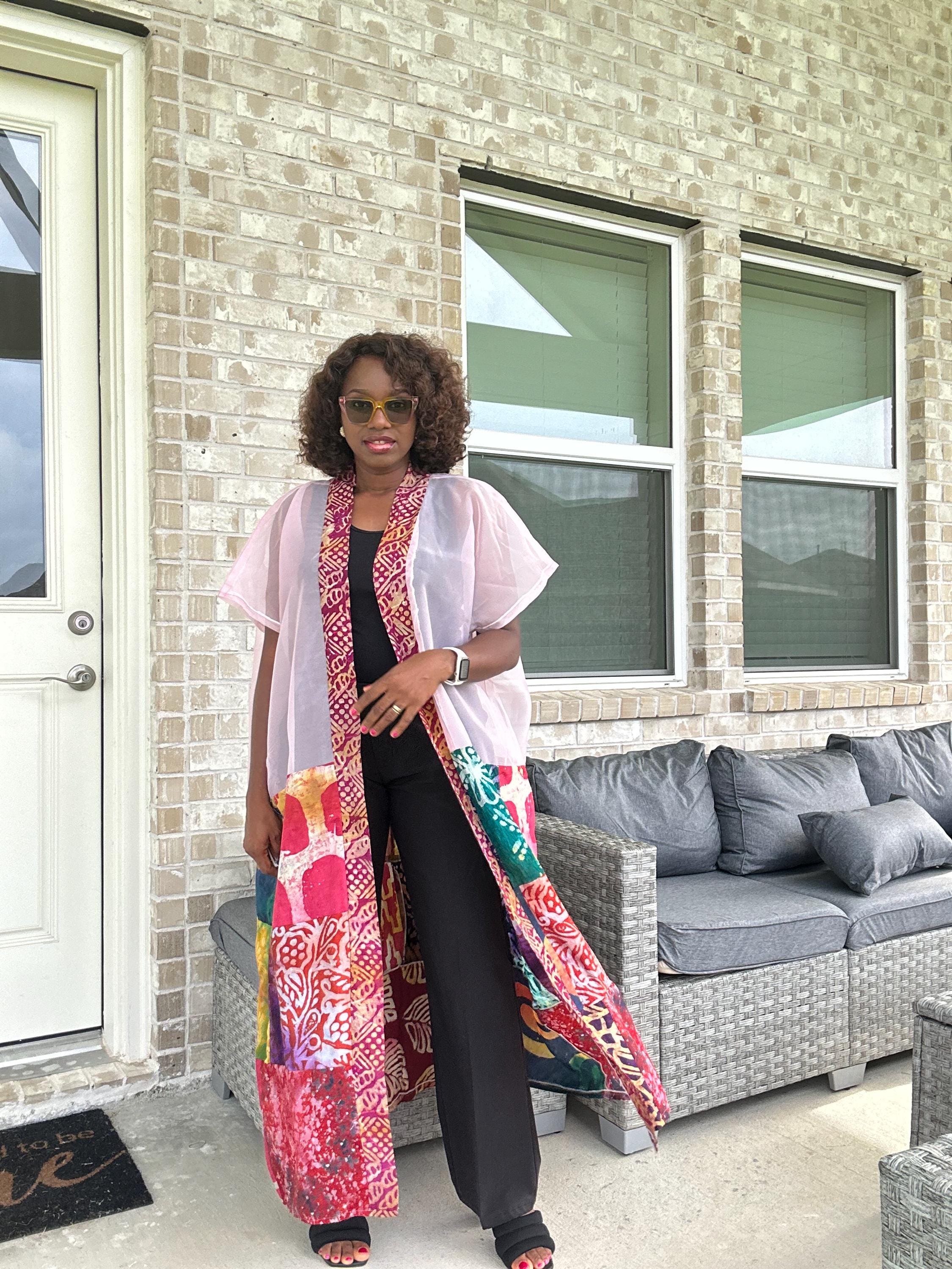 Handmade Adire & Organza Kimono: African Print Boho Duster
