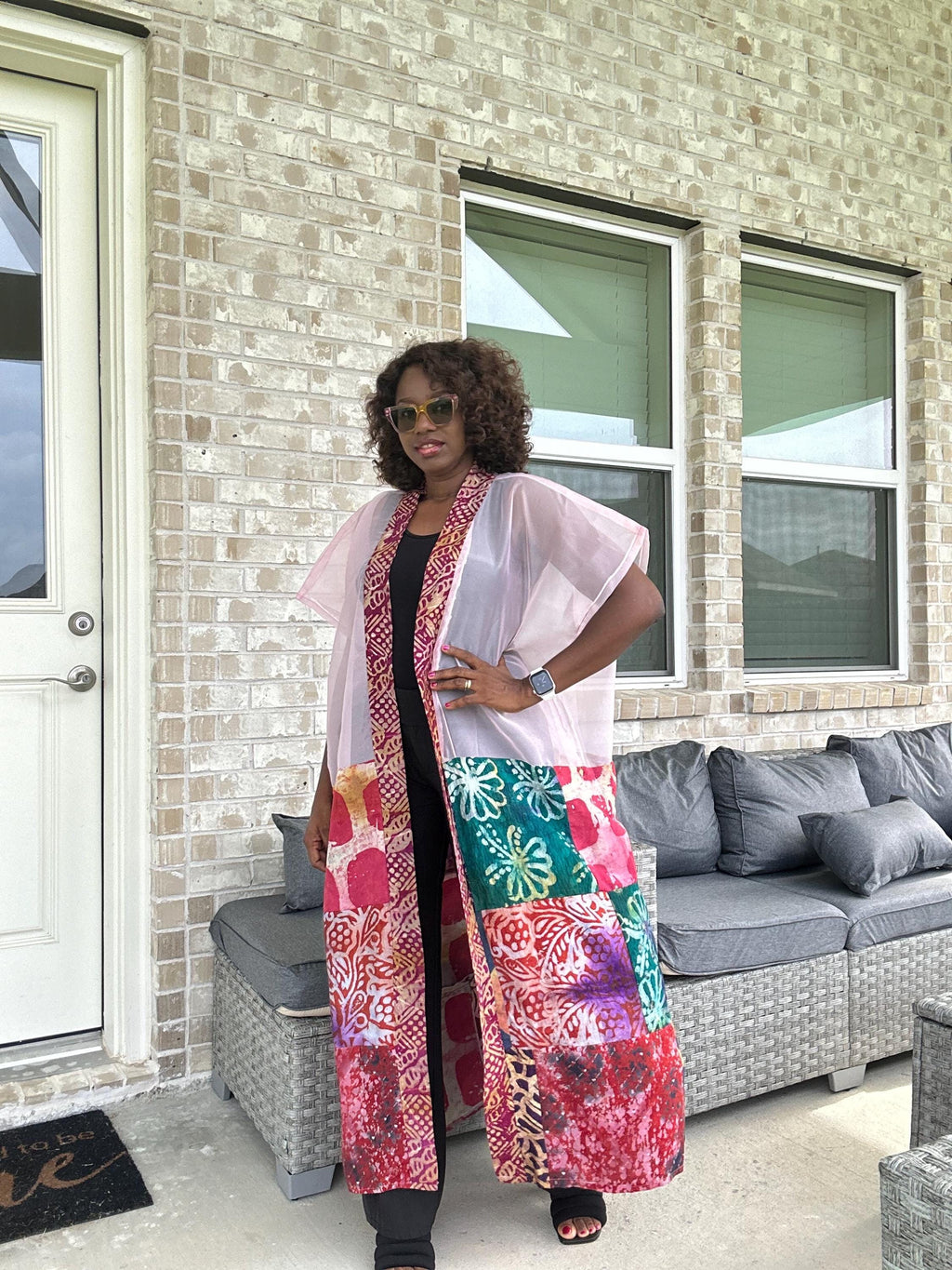 Handmade Adire & Organza Kimono: African Print Boho Duster