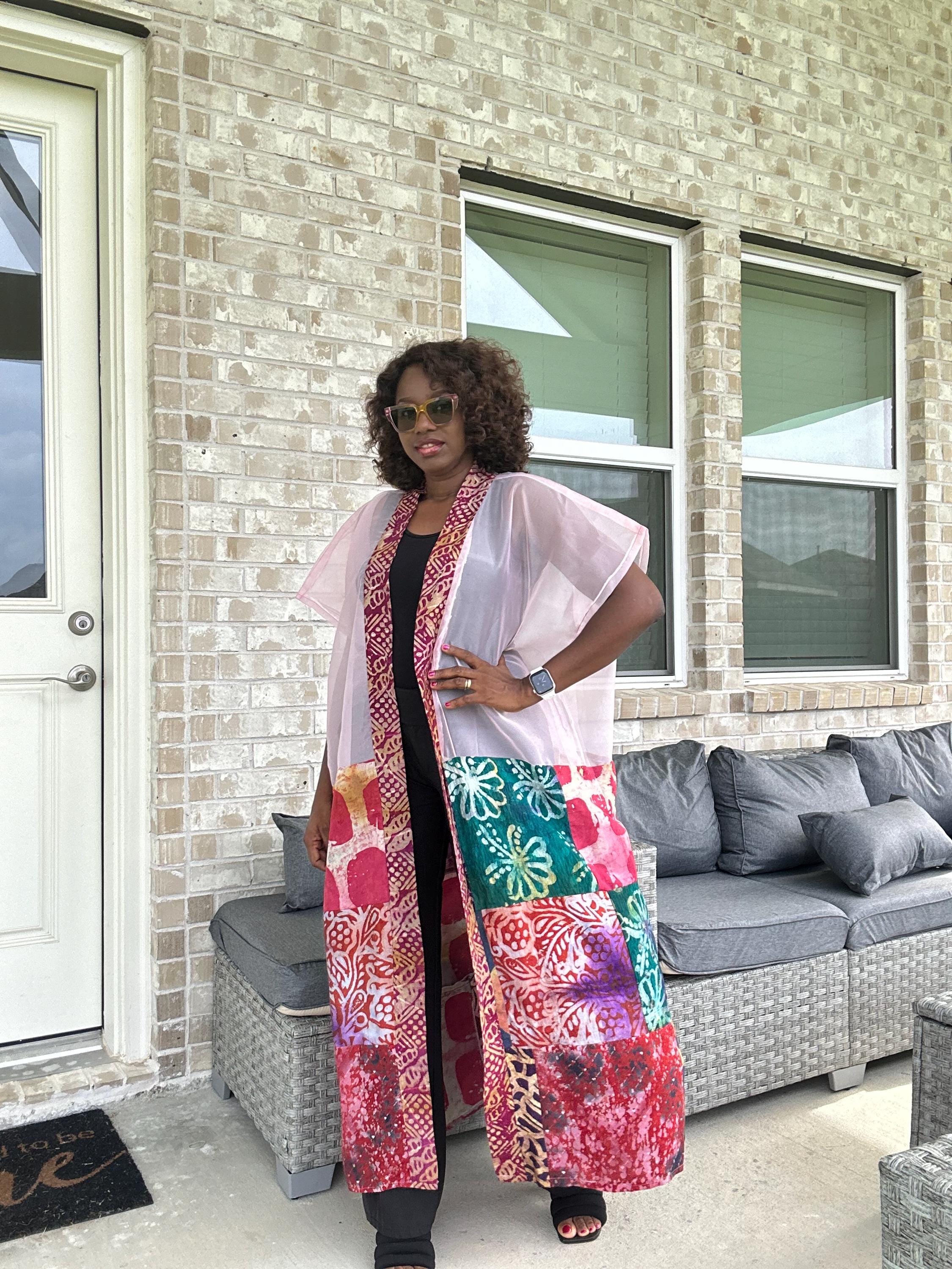 Handmade Adire & Organza Kimono: African Print Boho Duster