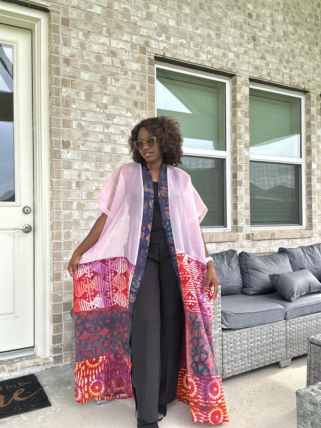 Handmade Adire & Organza Kimono: African Print Boho Duster
