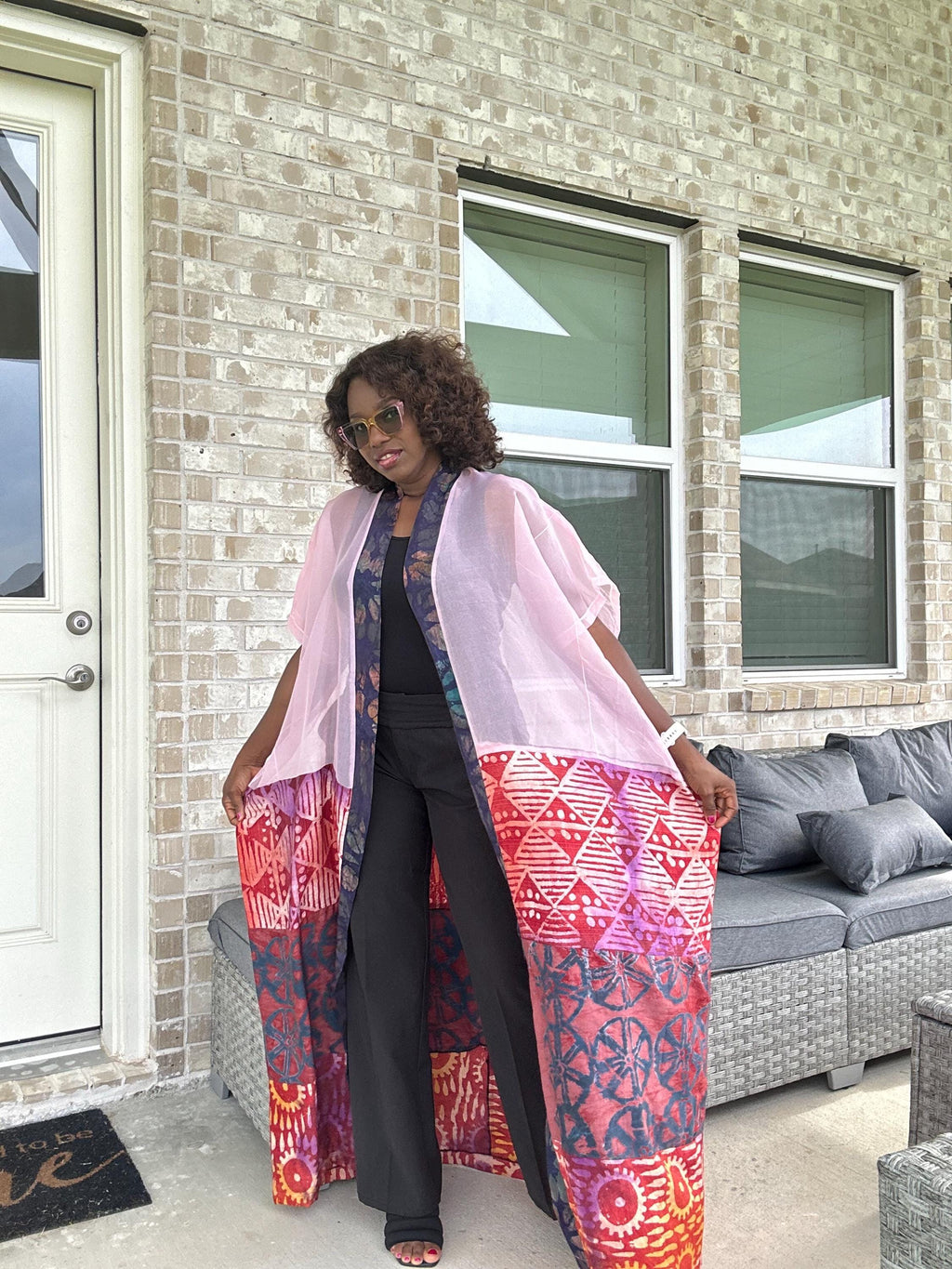 Handmade Adire & Organza Kimono: African Print Boho Duster