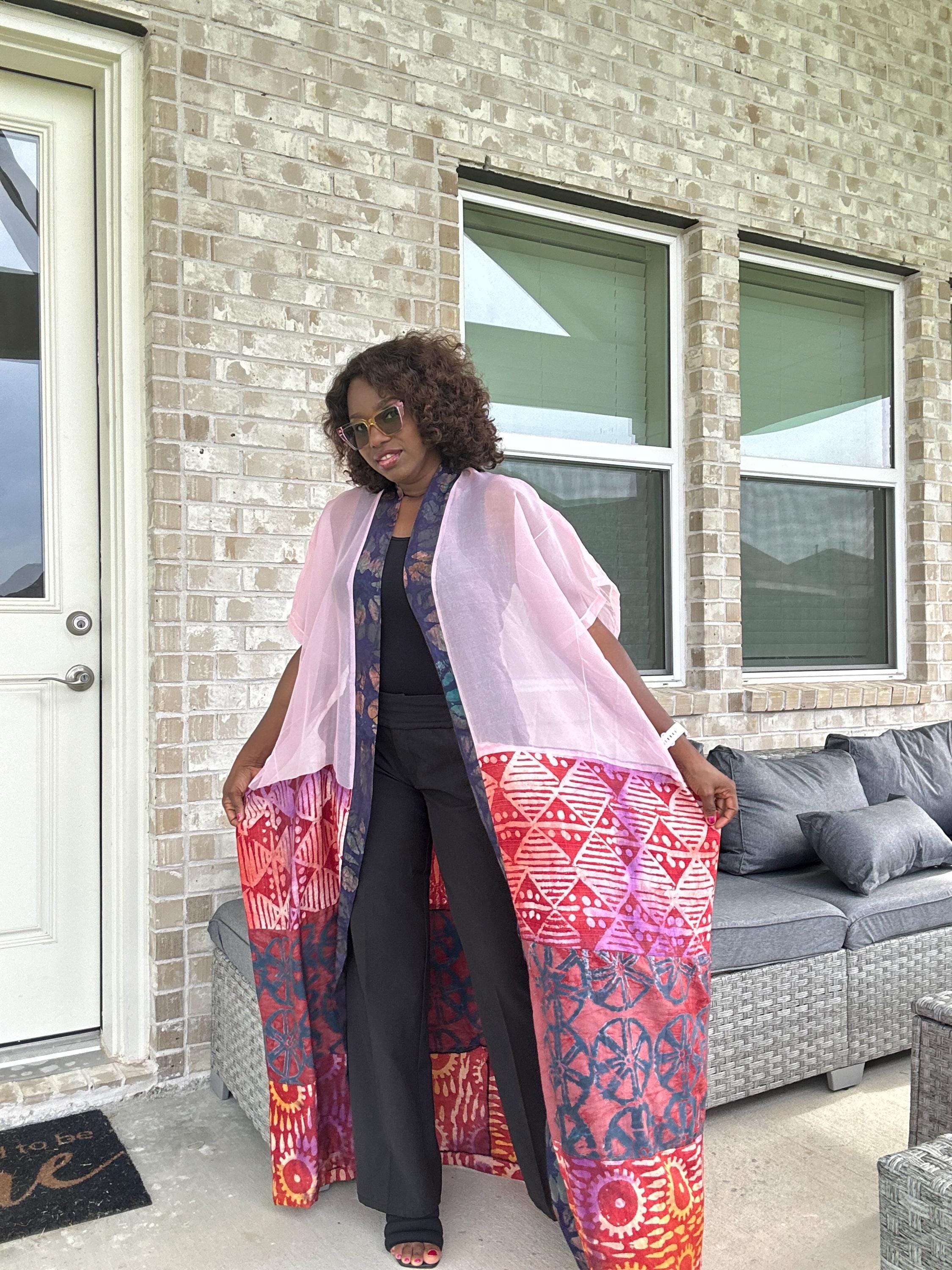 Handmade Adire & Organza Kimono: African Print Boho Duster
