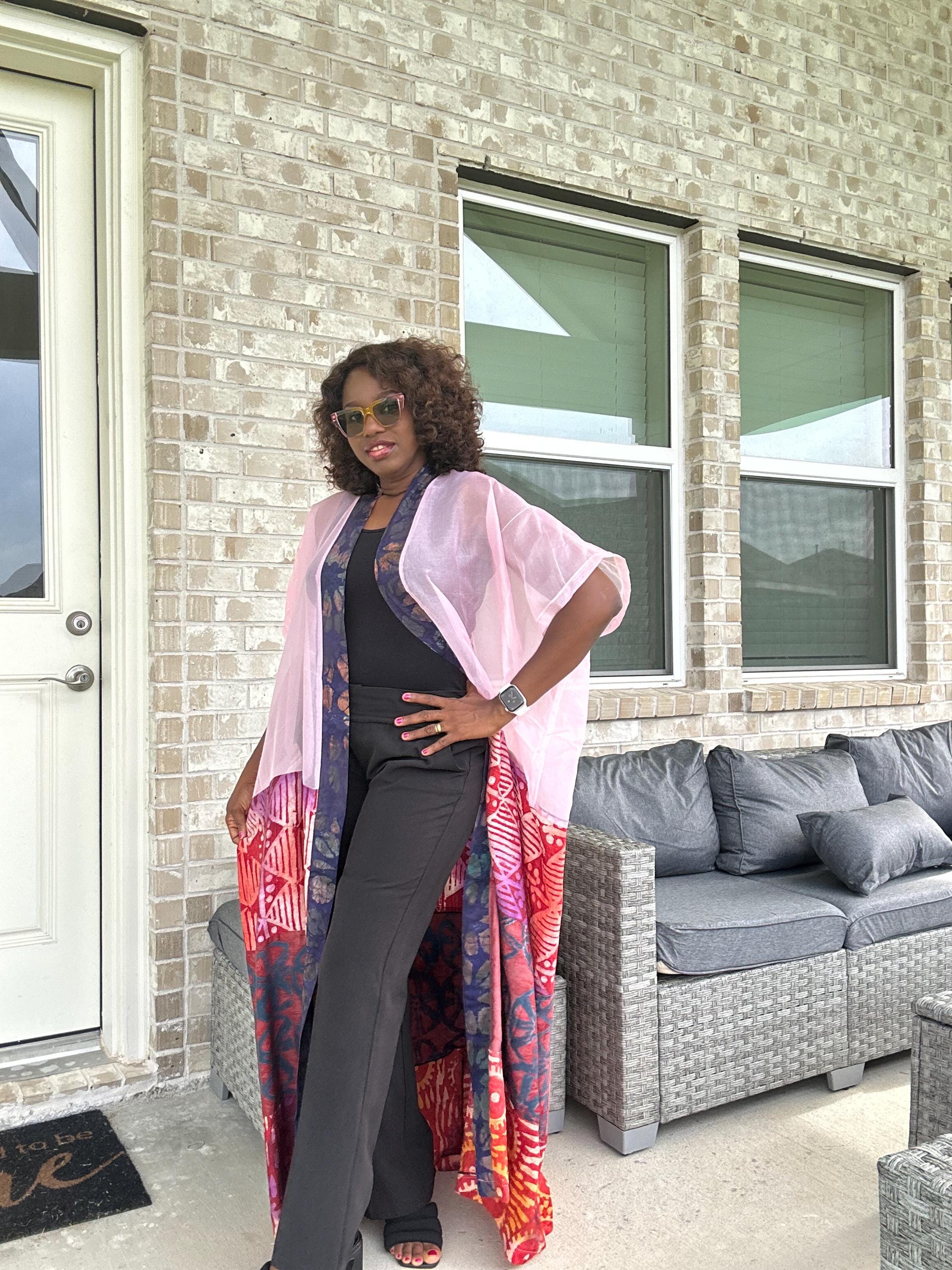 Handmade Adire & Organza Kimono: African Print Boho Duster