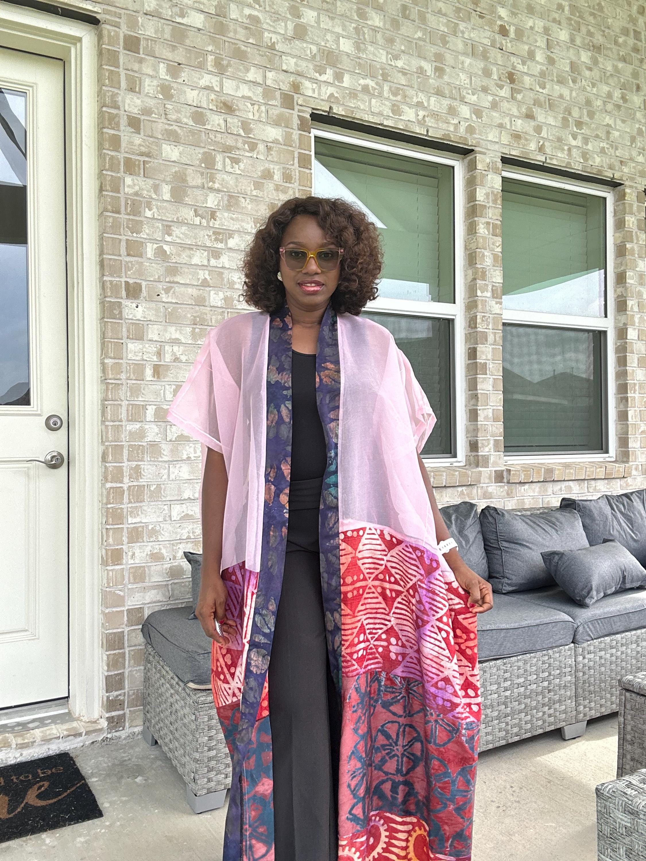 Handmade Adire & Organza Kimono: African Print Boho Duster