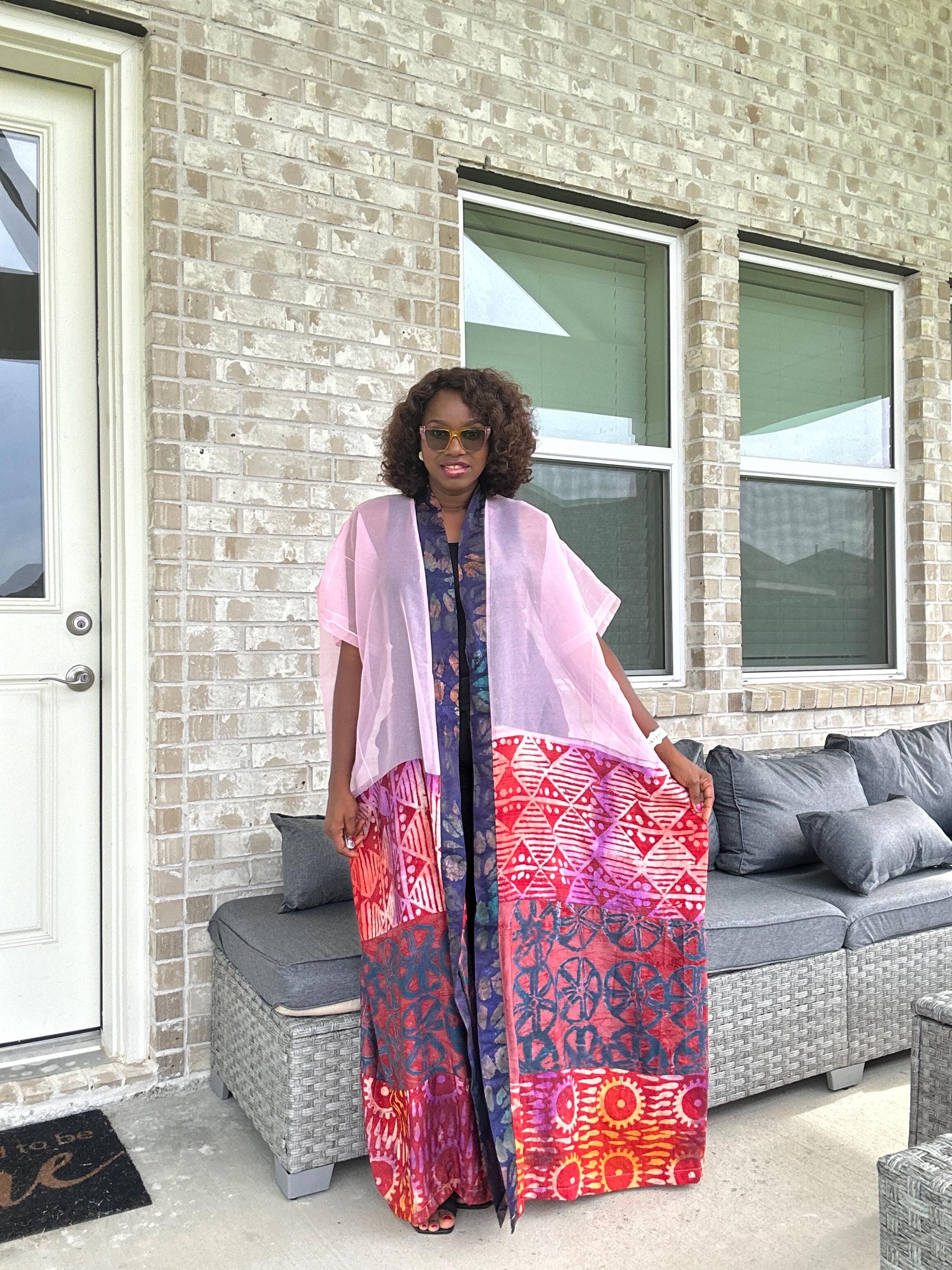 Handmade Adire & Organza Kimono: African Print Boho Duster