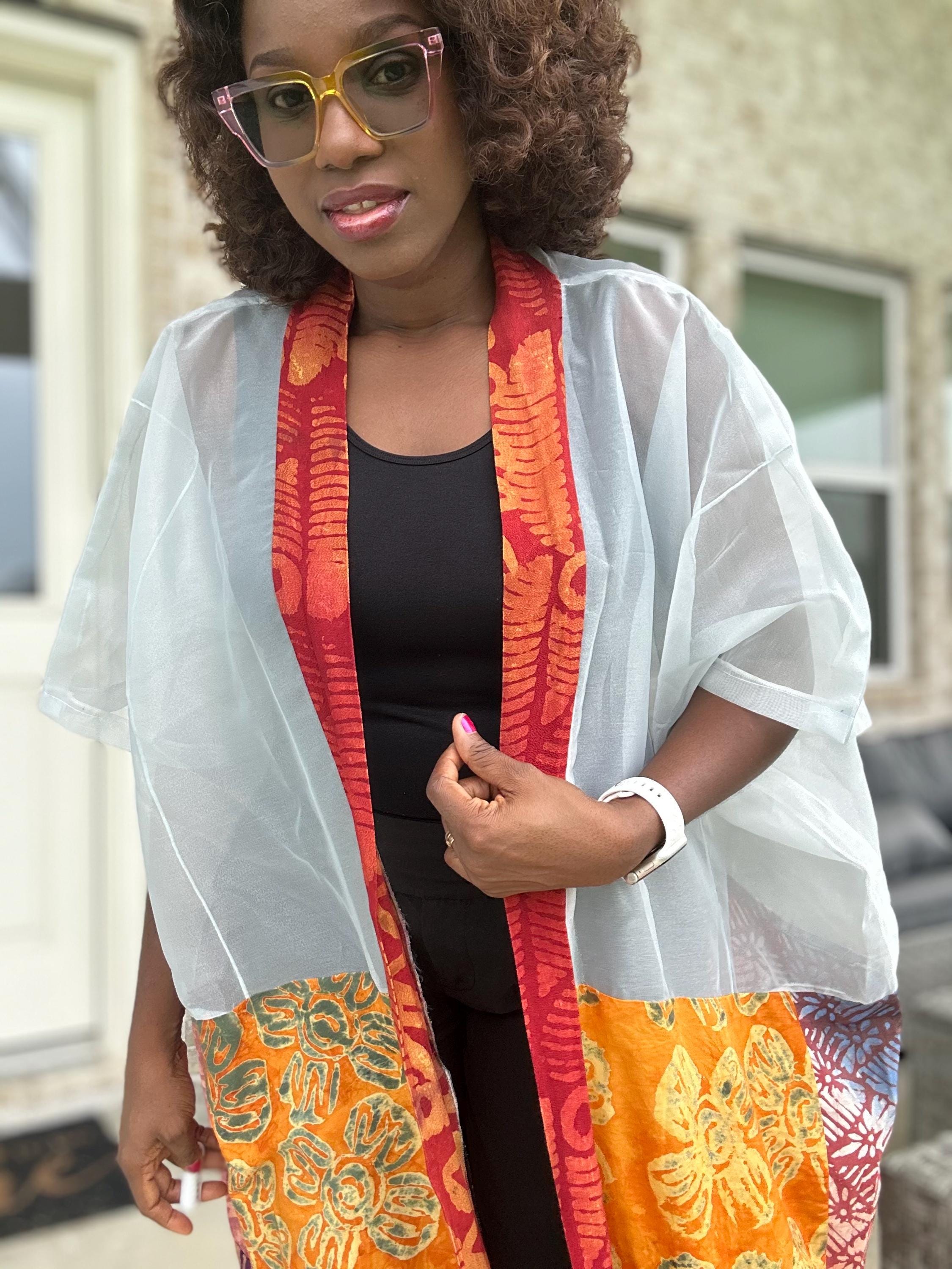 Handmade Adire & Organza Kimono: African Print Boho Duster