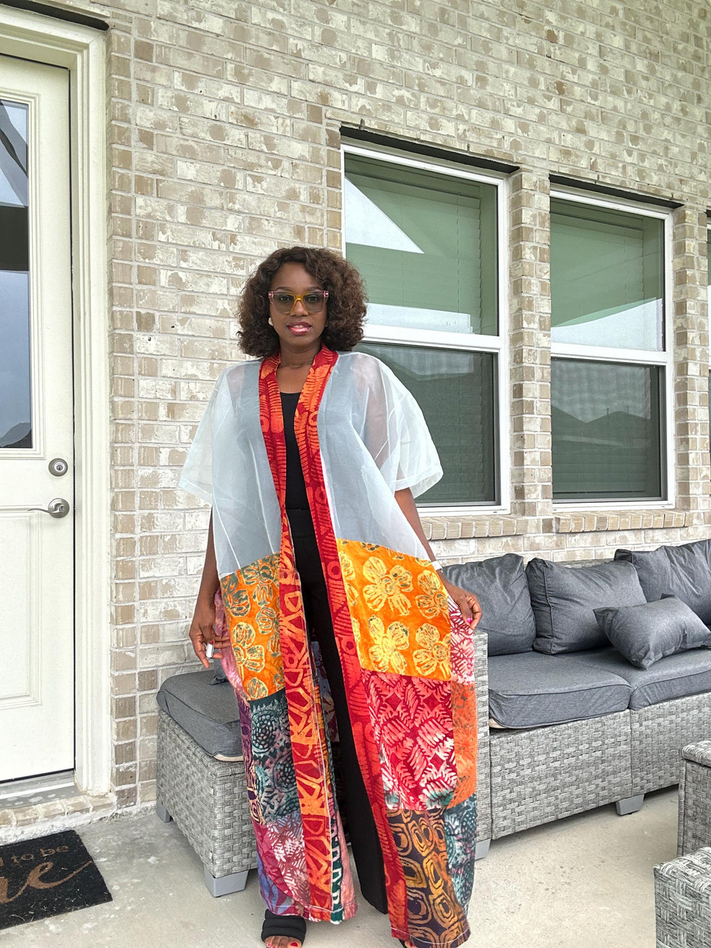 Handmade Adire & Organza Kimono: African Print Boho Duster