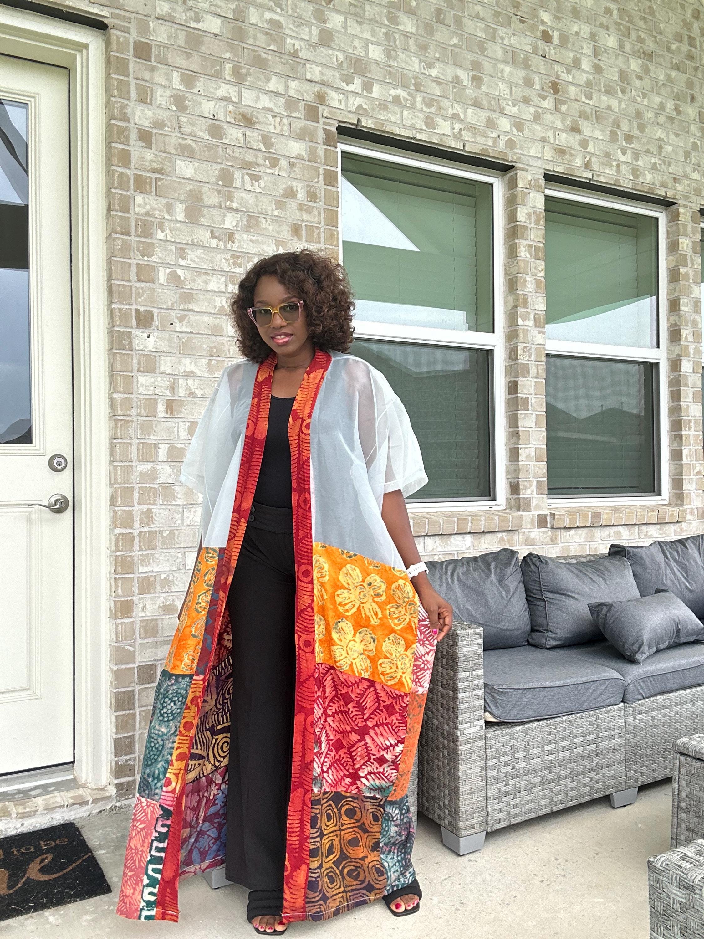 Handmade Adire & Organza Kimono: African Print Boho Duster