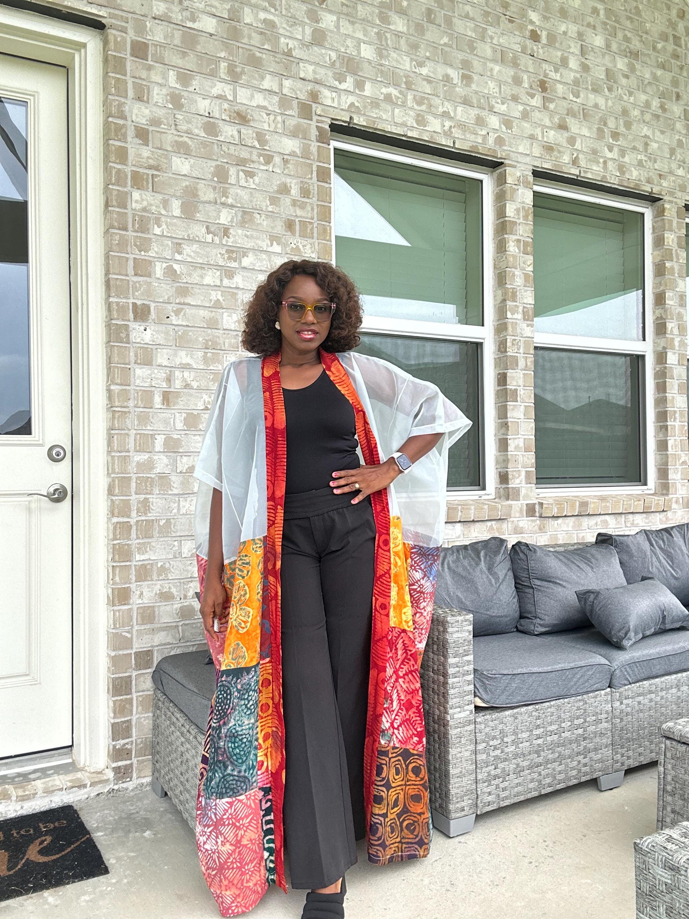 Handmade Adire & Organza Kimono: African Print Boho Duster