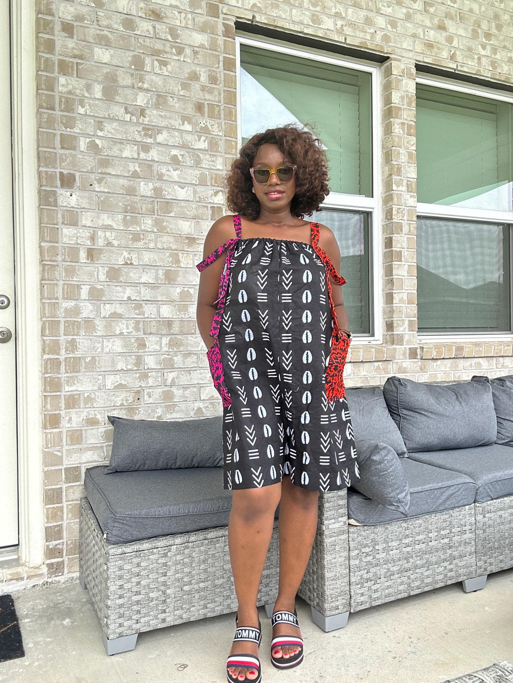 Handmade Ankara Romper: Mudcloth Print, Hot Pink & Orange Accents