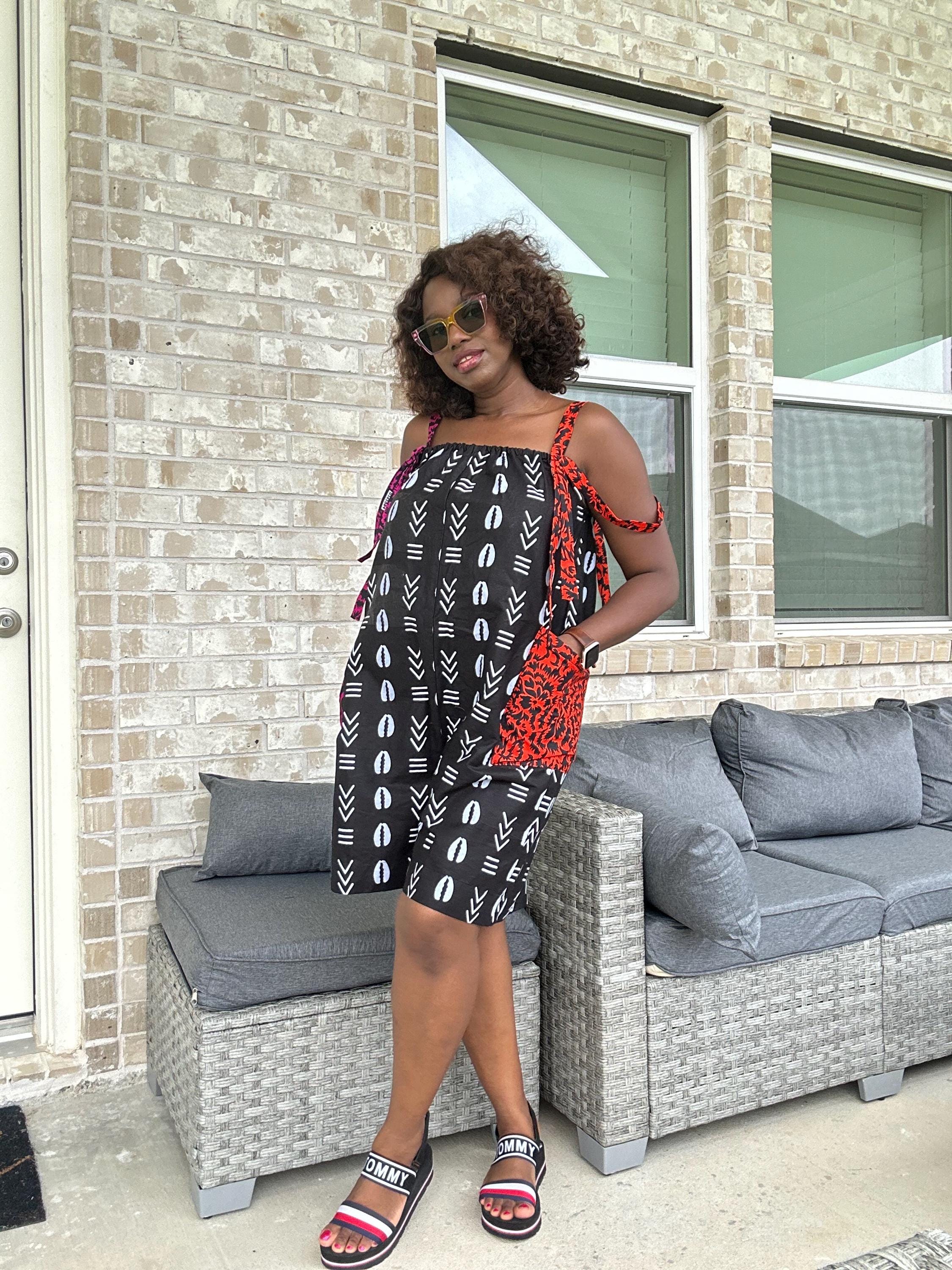 Handmade Ankara Romper: Mudcloth Print, Hot Pink & Orange Accents