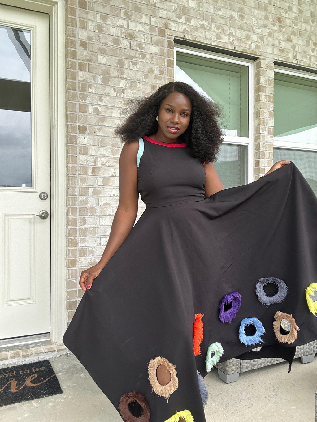 Black Mikado Maxi Dress: Colorful Ring Cutouts, Unique Party Gown