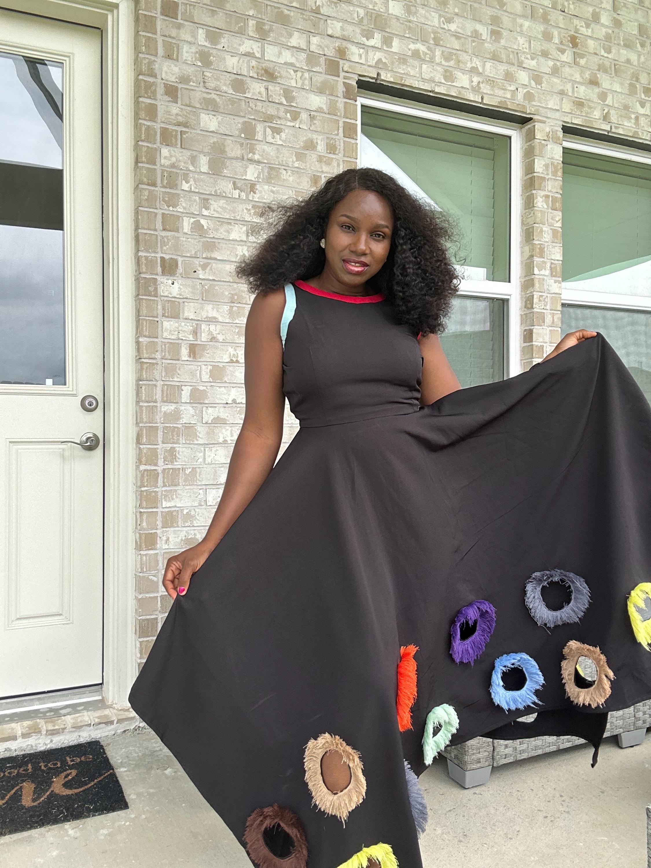 Black Mikado Maxi Dress: Colorful Ring Cutouts, Unique Party Gown