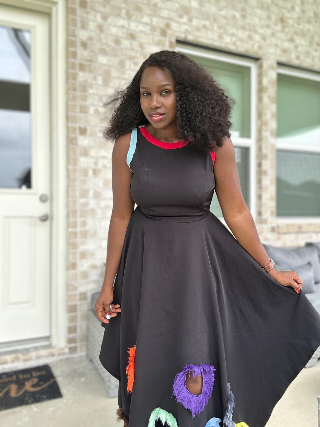 Black Mikado Maxi Dress: Colorful Ring Cutouts, Unique Party Gown