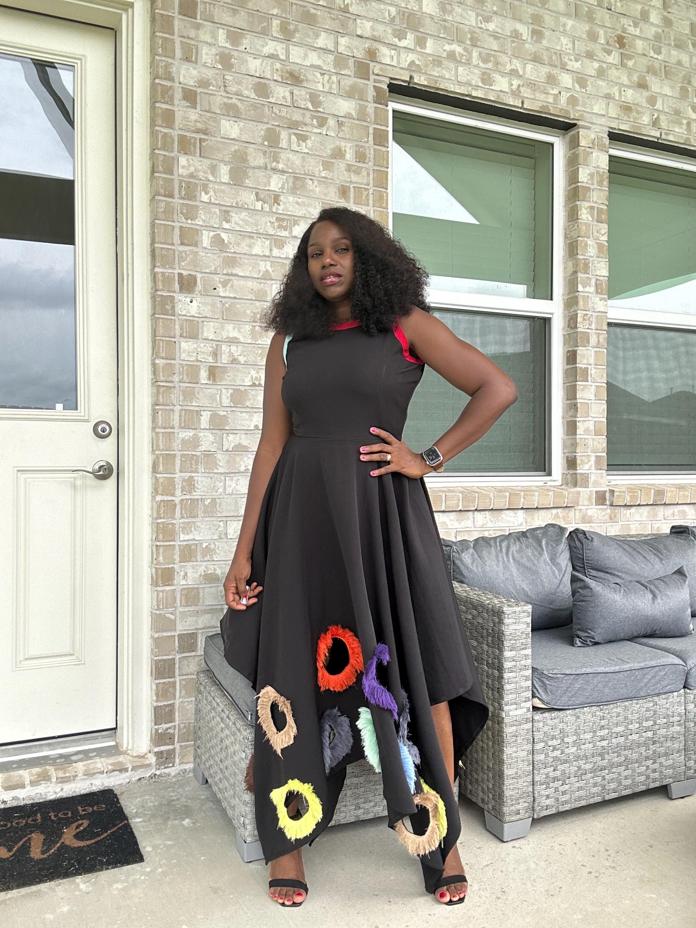 Black Mikado Maxi Dress: Colorful Ring Cutouts, Unique Party Gown