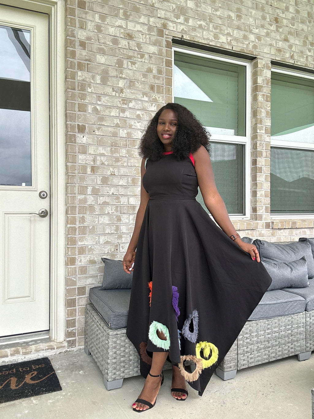 Black Mikado Maxi Dress: Colorful Ring Cutouts, Unique Party Gown