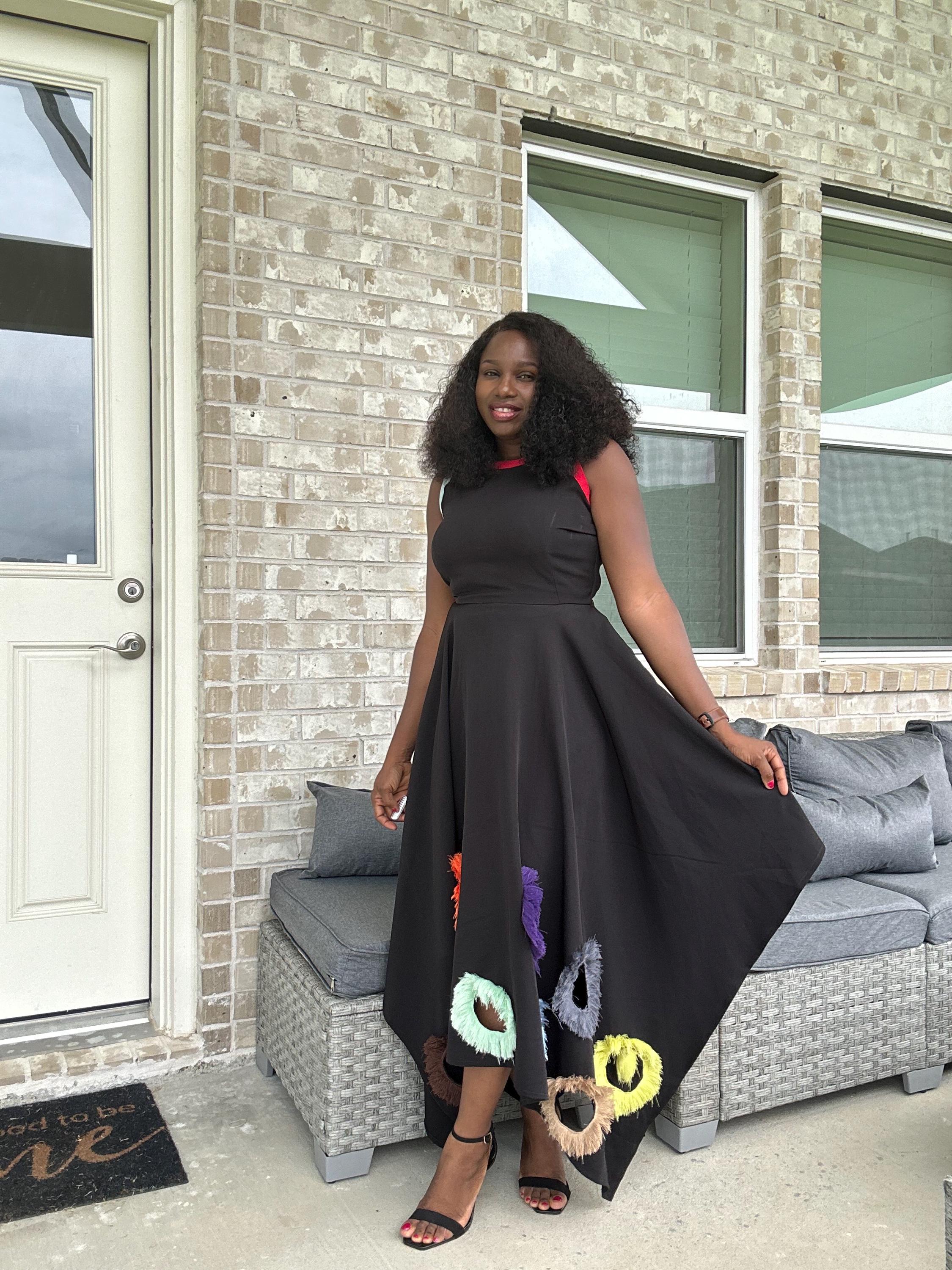 Black Mikado Maxi Dress: Colorful Ring Cutouts, Unique Party Gown