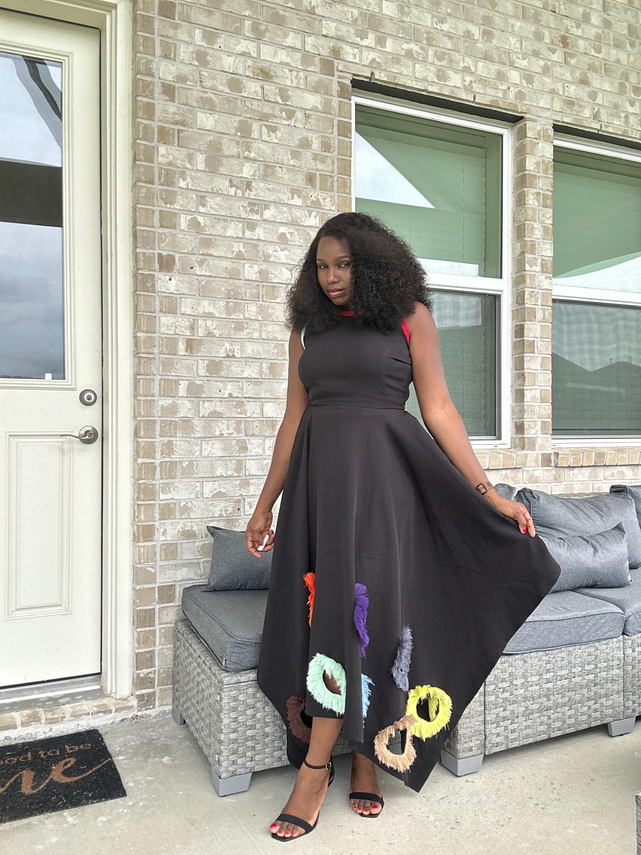 Black Mikado Maxi Dress: Colorful Ring Cutouts, Unique Party Gown