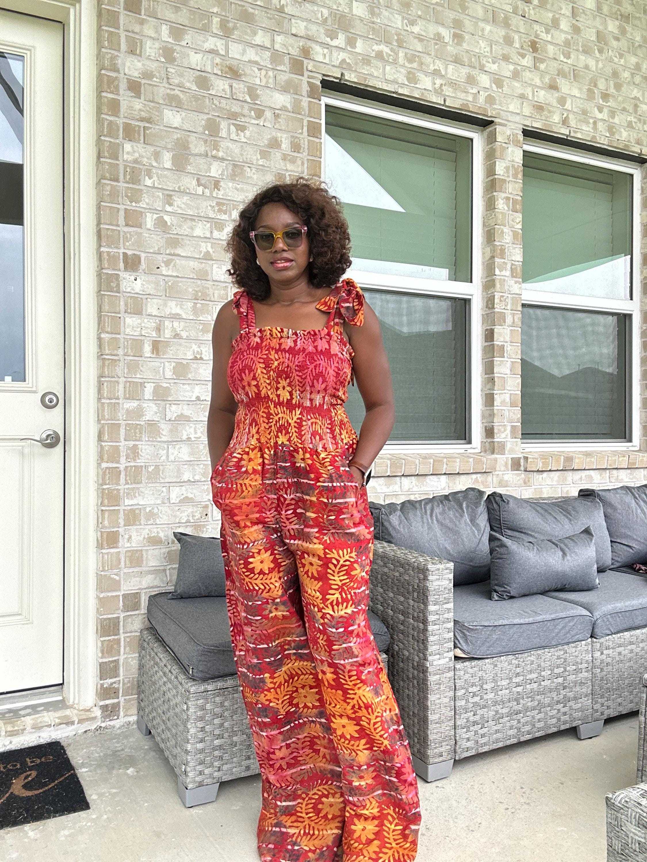 Adire Print Jumpsuit: African Boho Wide-Leg Romper with Shoulder Ties