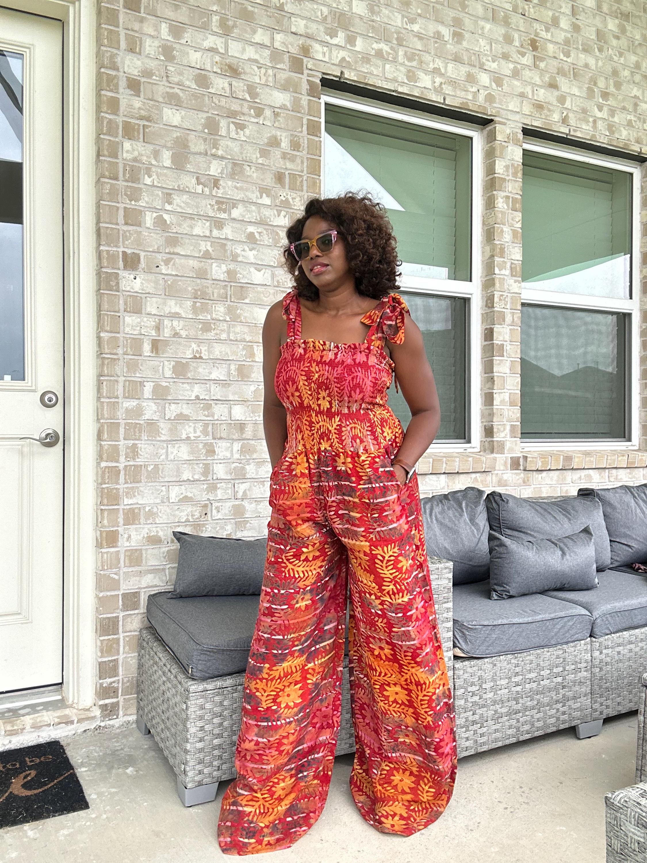 Adire Print Jumpsuit: African Boho Wide-Leg Romper with Shoulder Ties