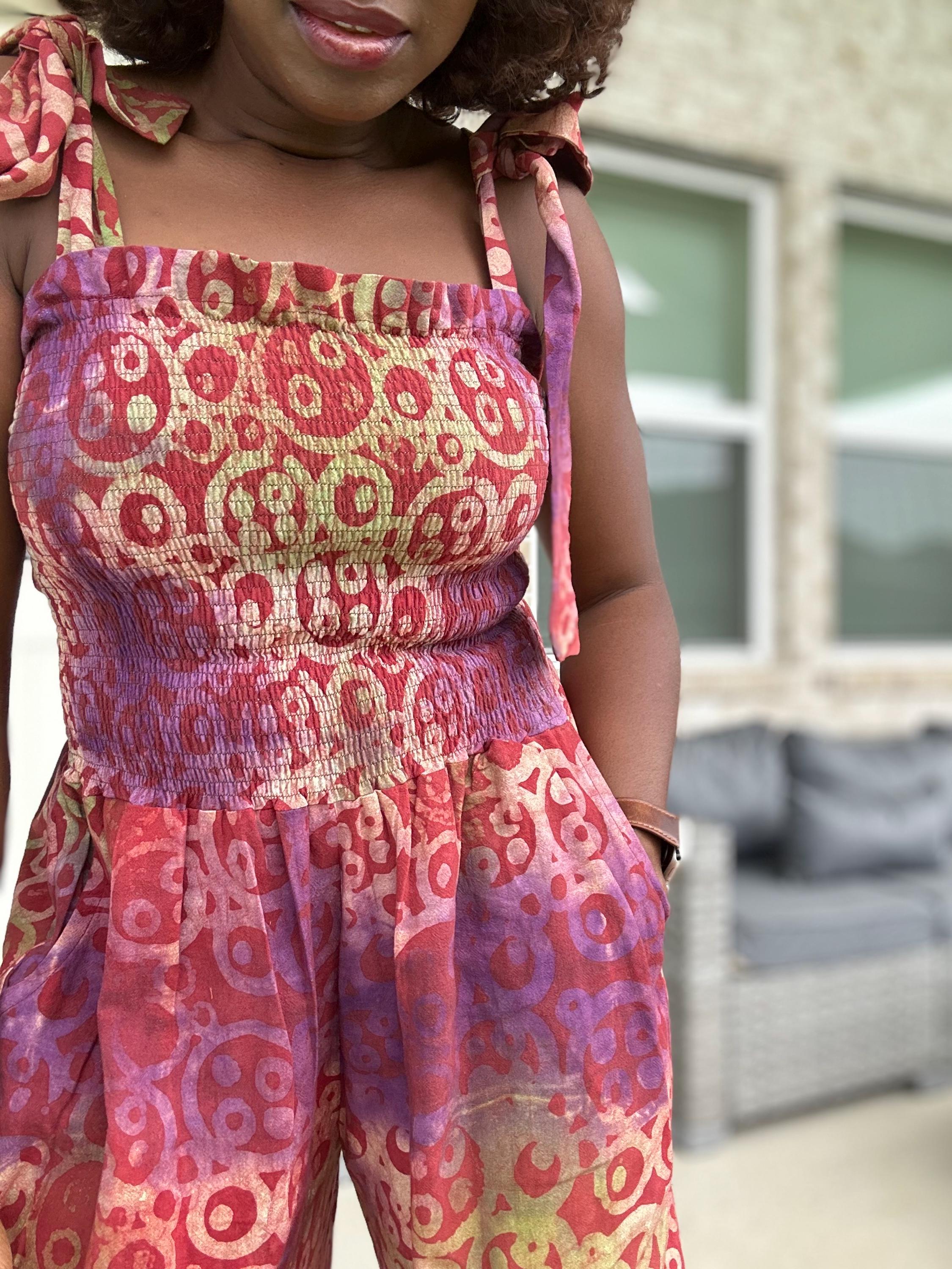 Adire Print Jumpsuit: African Boho Wide-Leg Romper with Shoulder Ties