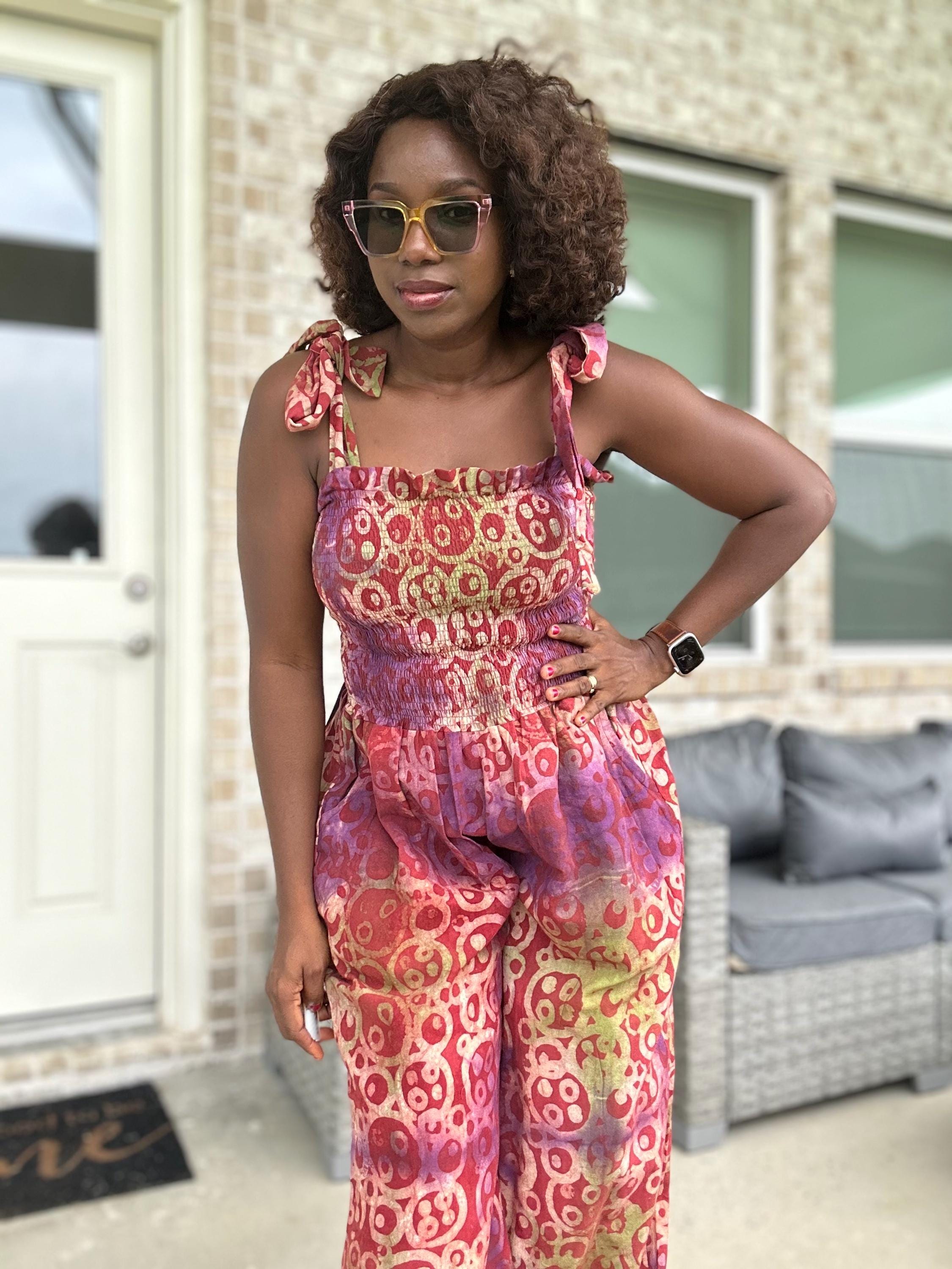 Adire Print Jumpsuit: African Boho Wide-Leg Romper with Shoulder Ties