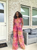 Adire Print Jumpsuit: African Boho Wide-Leg Romper with Shoulder Ties
