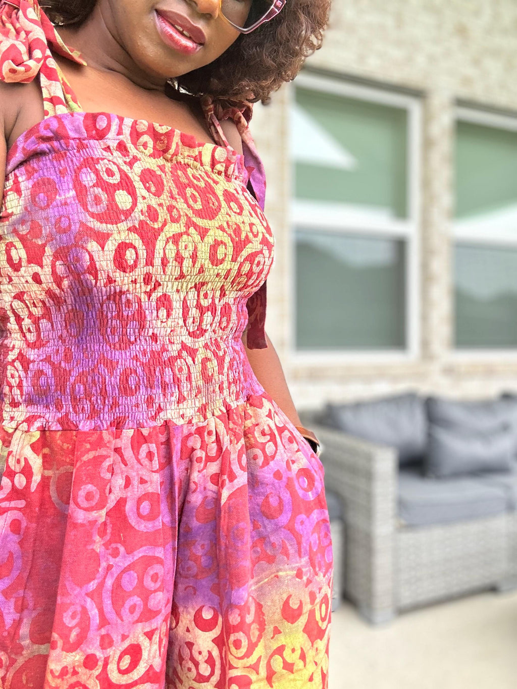 Adire Print Jumpsuit: African Boho Wide-Leg Romper with Shoulder Ties