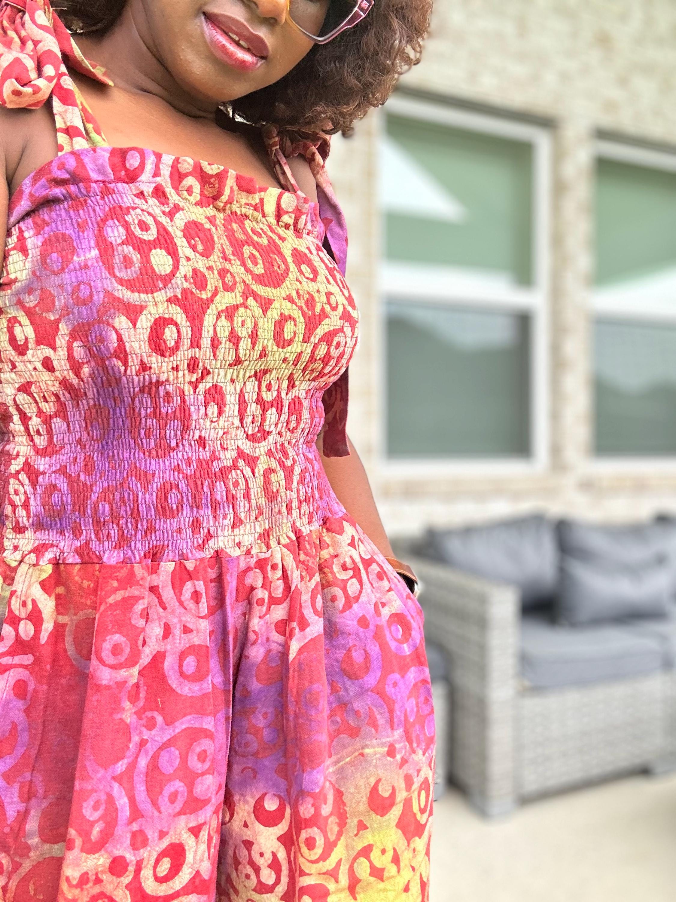 Adire Print Jumpsuit: African Boho Wide-Leg Romper with Shoulder Ties