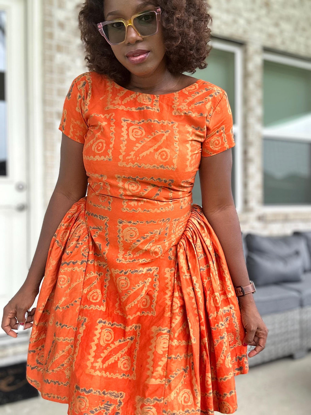 Handmade Orange Adire Dress: African Print Fit & Flare Cotton Dress