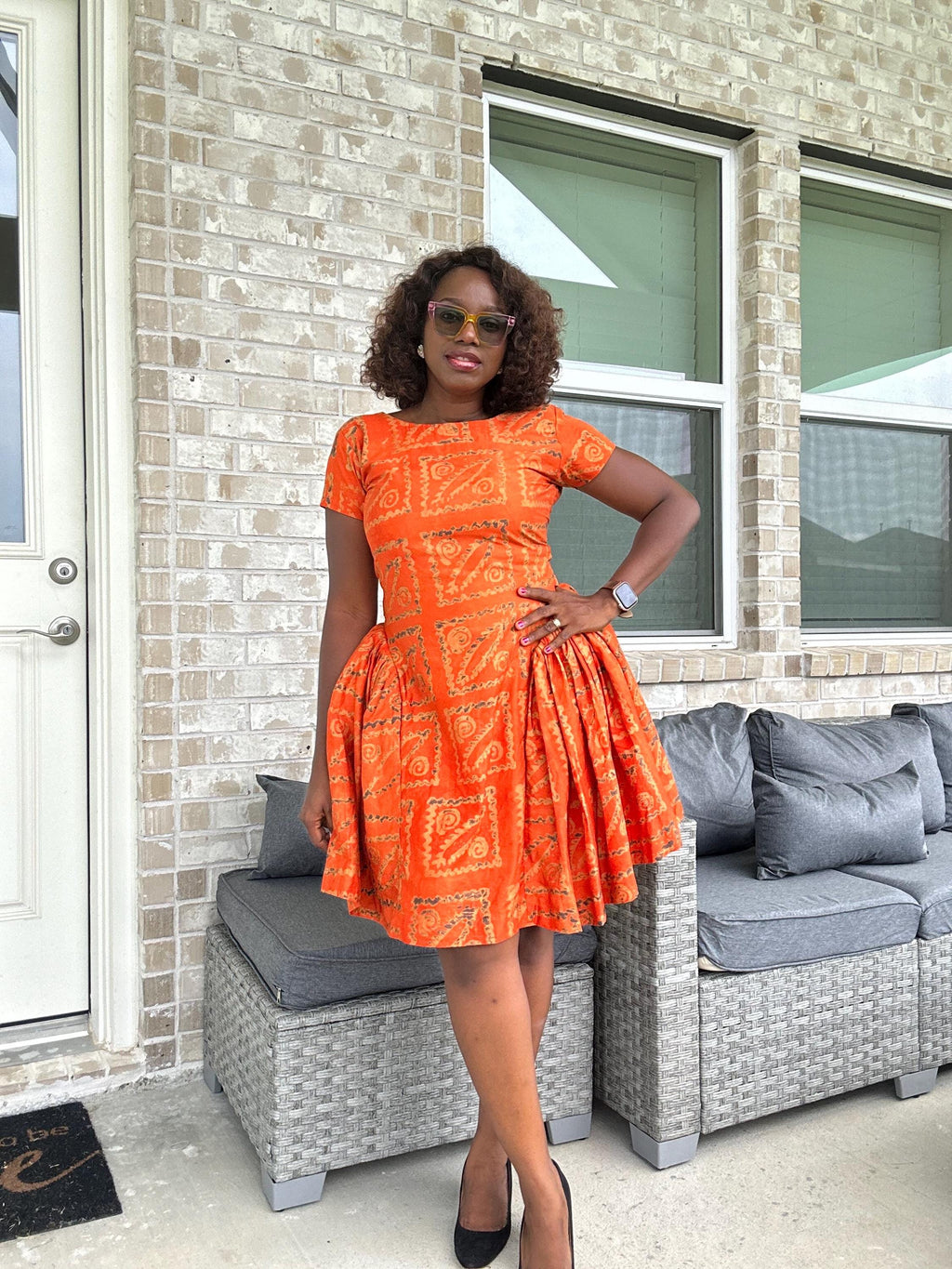Handmade Orange Adire Dress: African Print Fit & Flare Cotton Dress