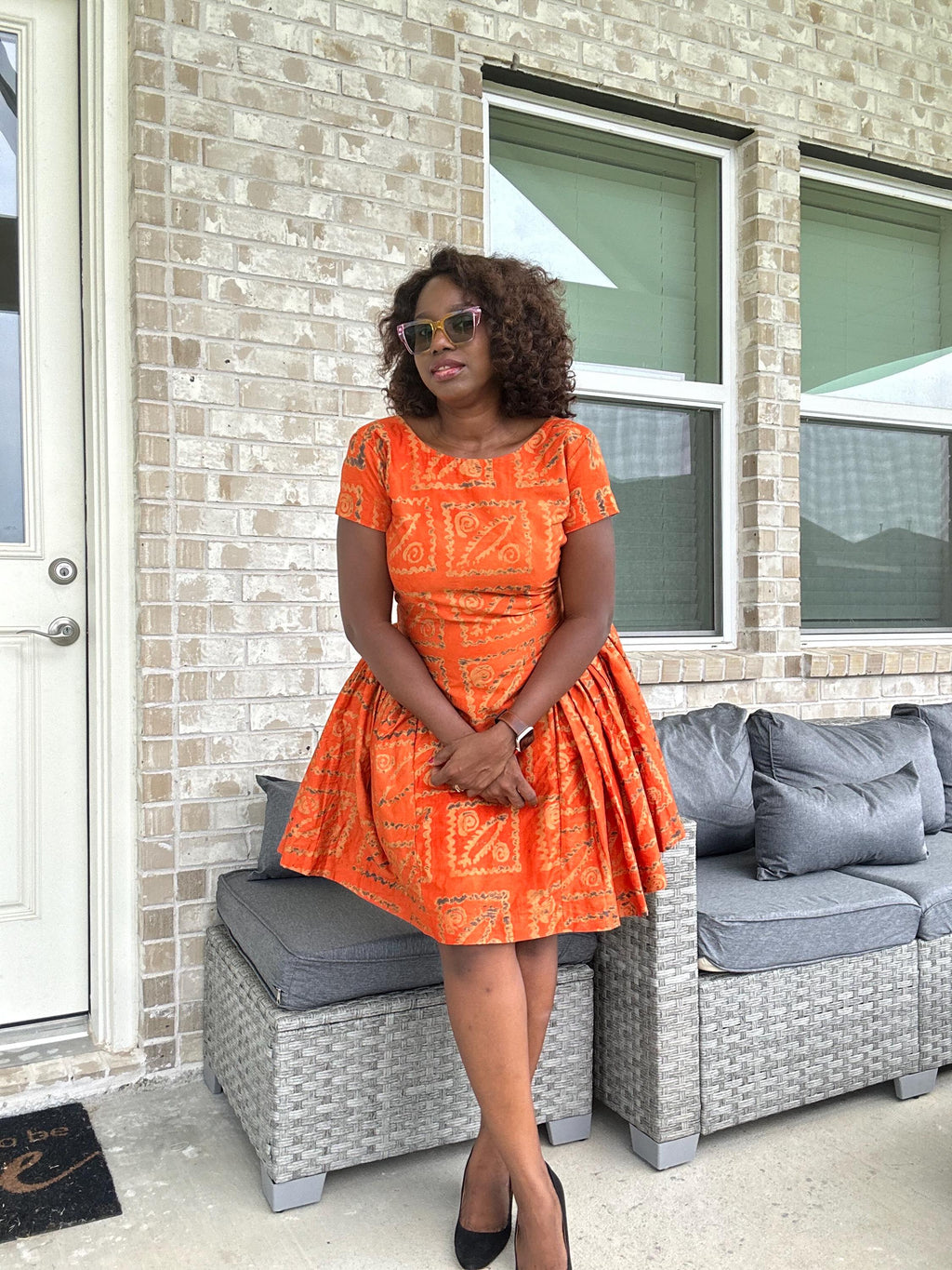 Handmade Orange Adire Dress: African Print Fit & Flare Cotton Dress