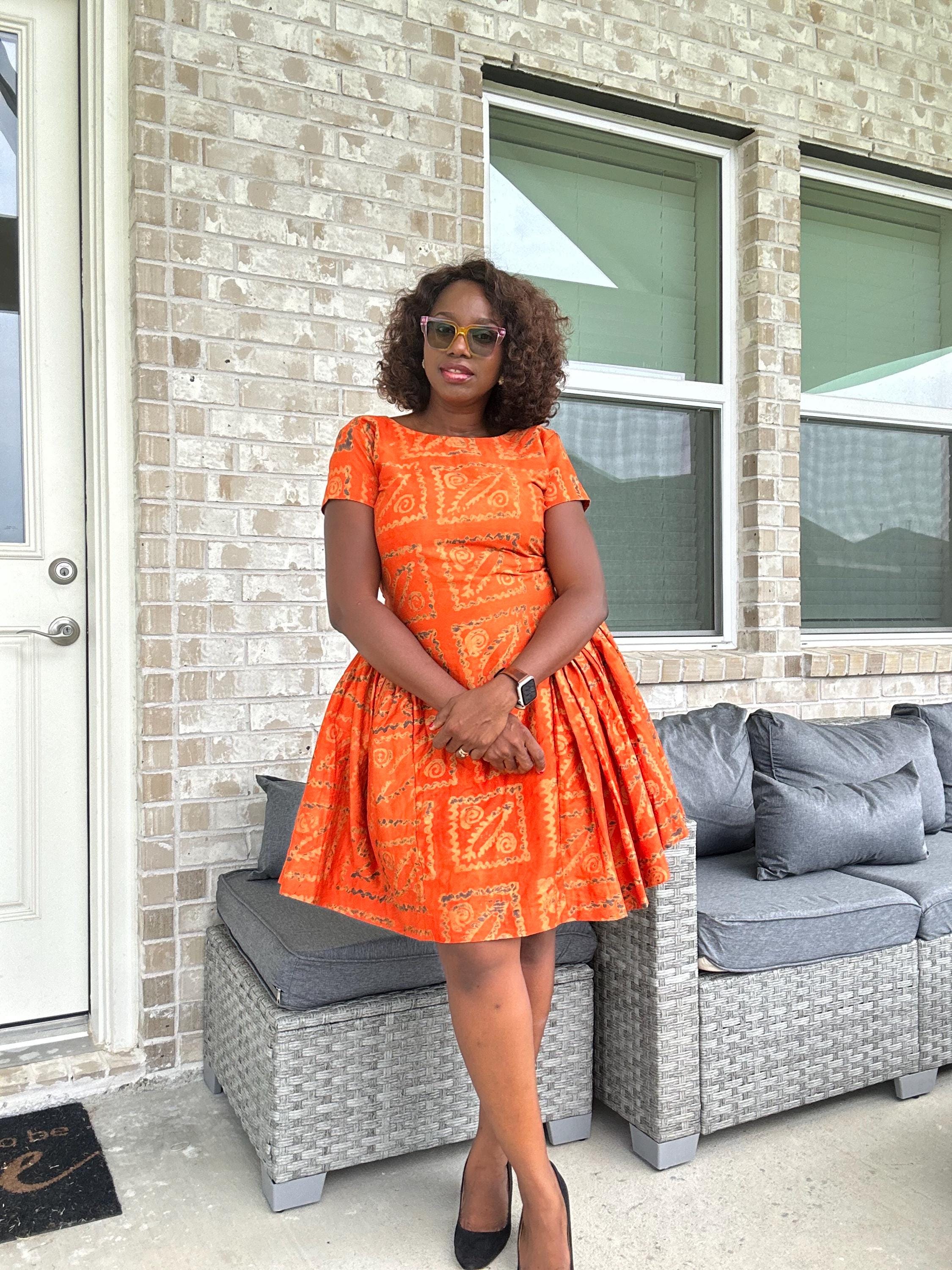 Handmade Orange Adire Dress: African Print Fit & Flare Cotton Dress