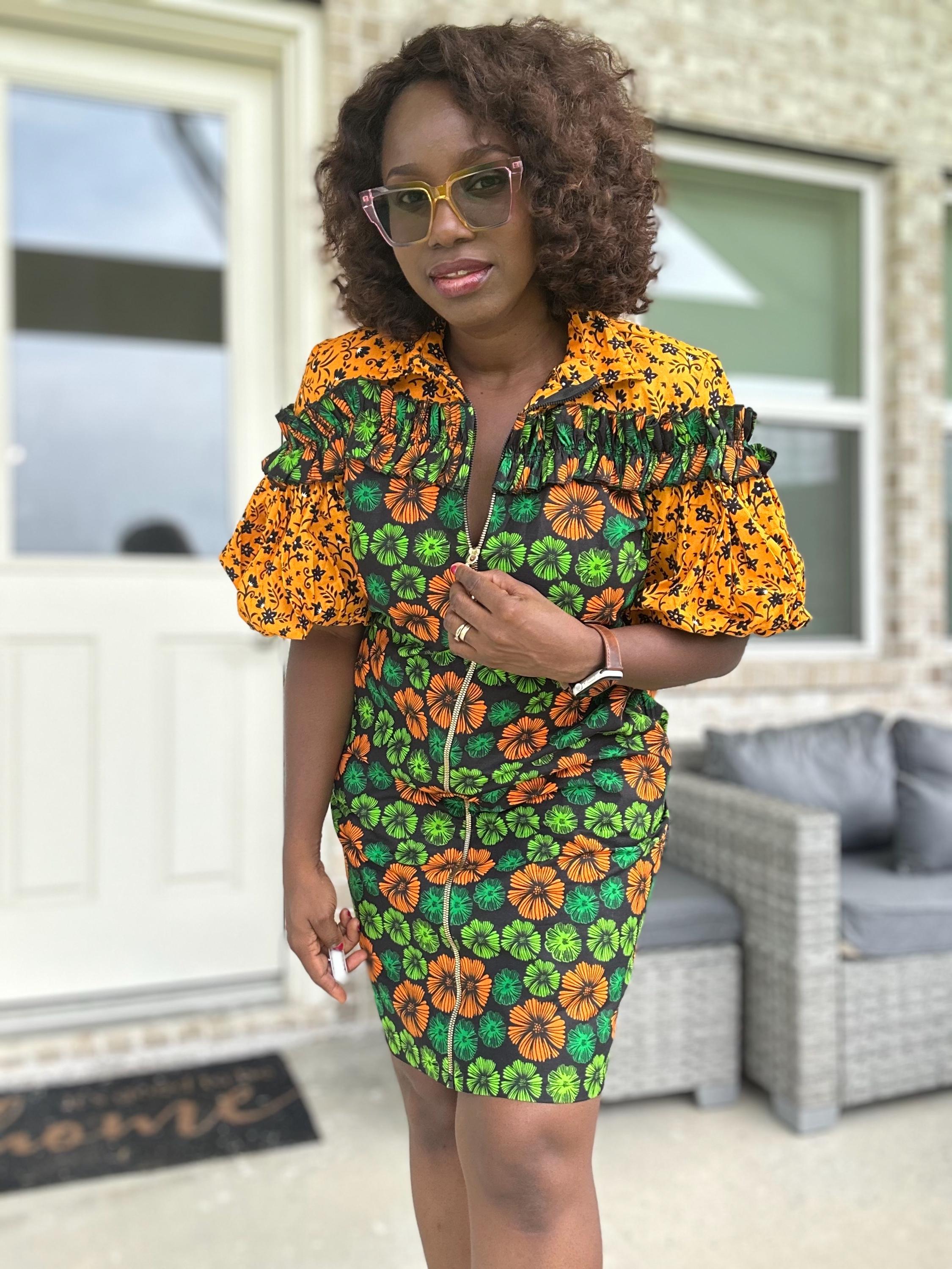 Bold Ankara Zip-Front Dress – African Print Short Dress with Puff Sleeves and Pockets | Handmade Floral Wax Fabric Dress