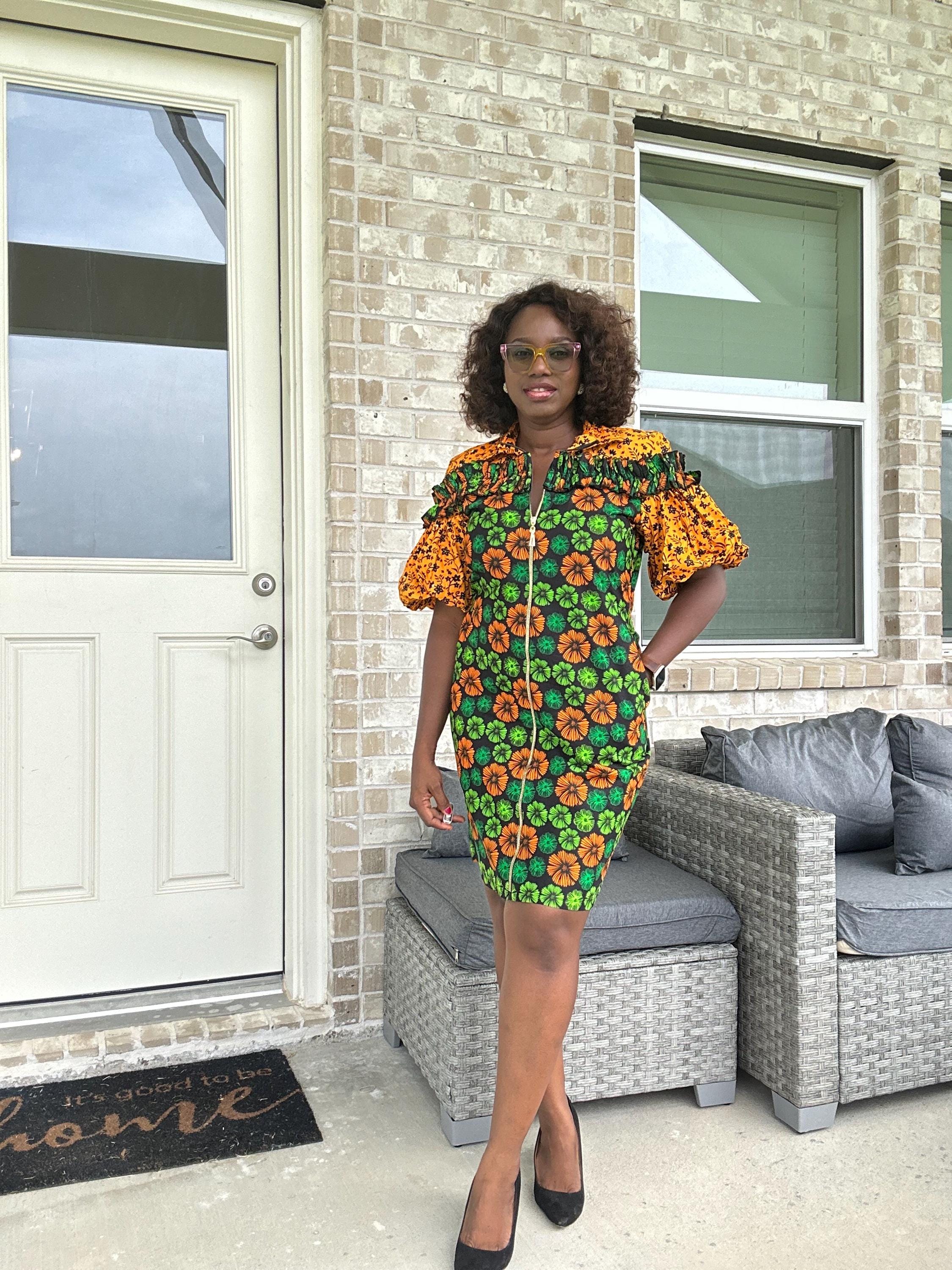 Bold Ankara Zip-Front Dress – African Print Short Dress with Puff Sleeves and Pockets | Handmade Floral Wax Fabric Dress