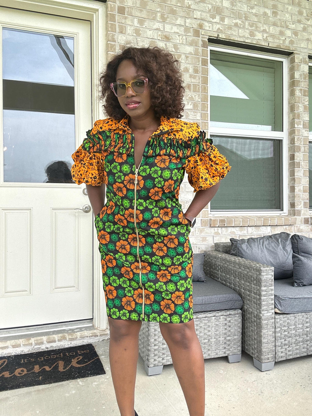 Bold Ankara Zip-Front Dress – African Print Short Dress with Puff Sleeves and Pockets | Handmade Floral Wax Fabric Dress