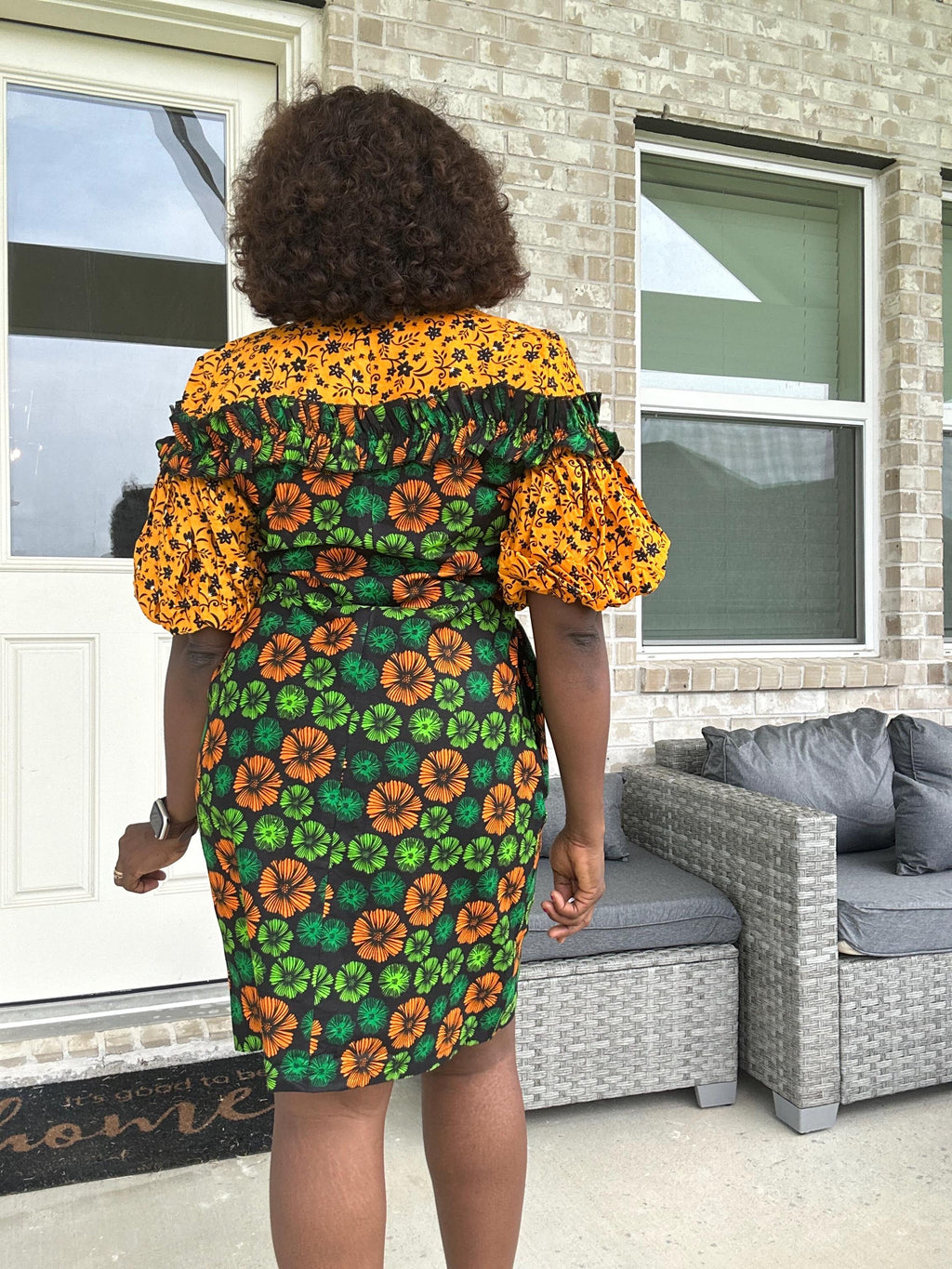 Bold Ankara Zip-Front Dress – African Print Short Dress with Puff Sleeves and Pockets | Handmade Floral Wax Fabric Dress