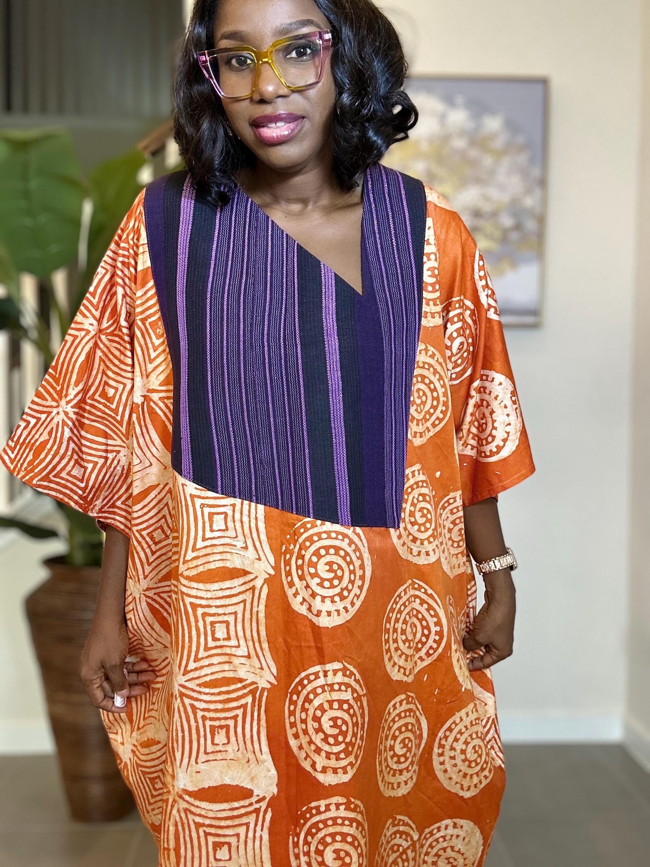 Handmade Adire Batik Midi Dress with Aso Oke - Orange African Print
