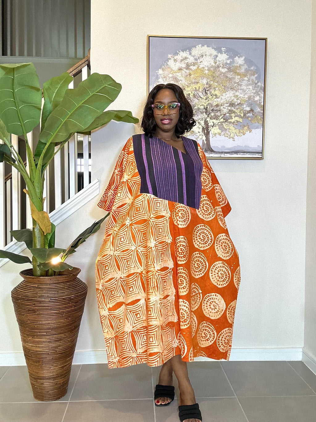 Handmade Adire Batik Midi Dress with Aso Oke - Orange African Print