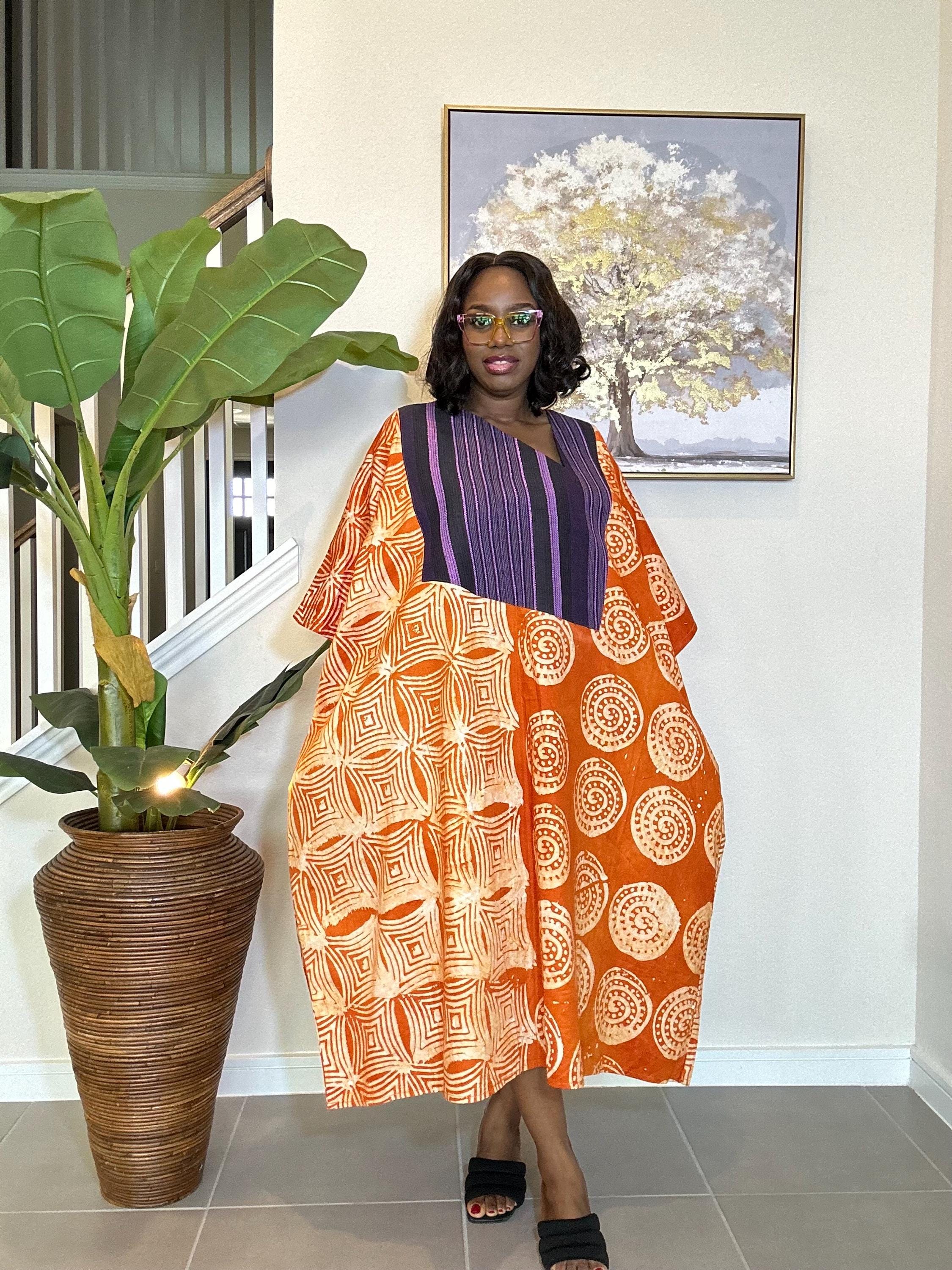 Handmade Adire Batik Midi Dress with Aso Oke - Orange African Print