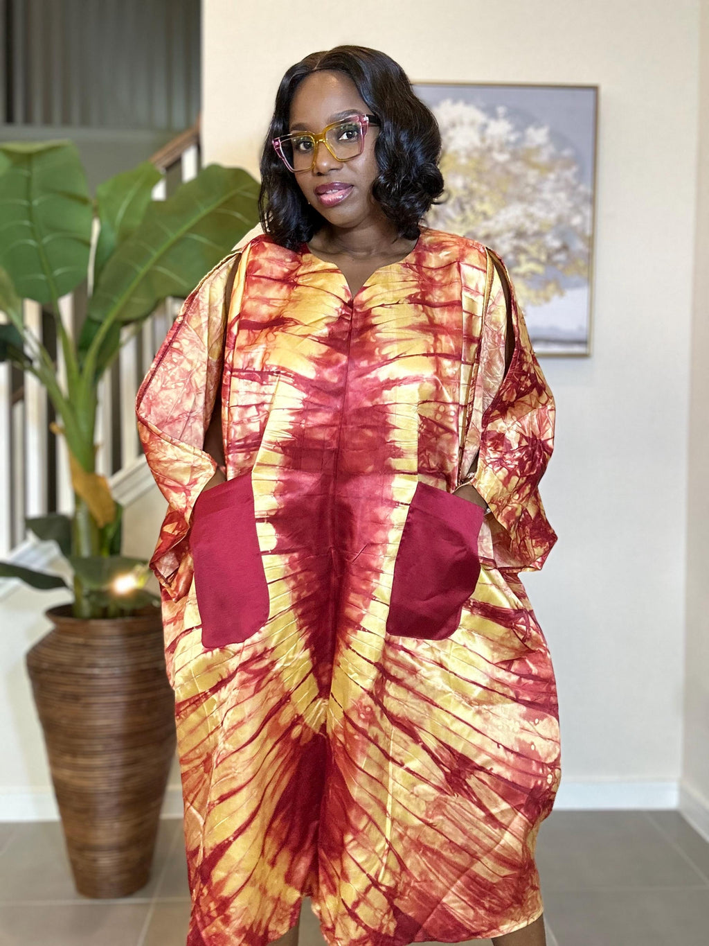Handmade Adire Silk Kaftan Dress: Nigerian Tie-Dye Maxi with Pockets