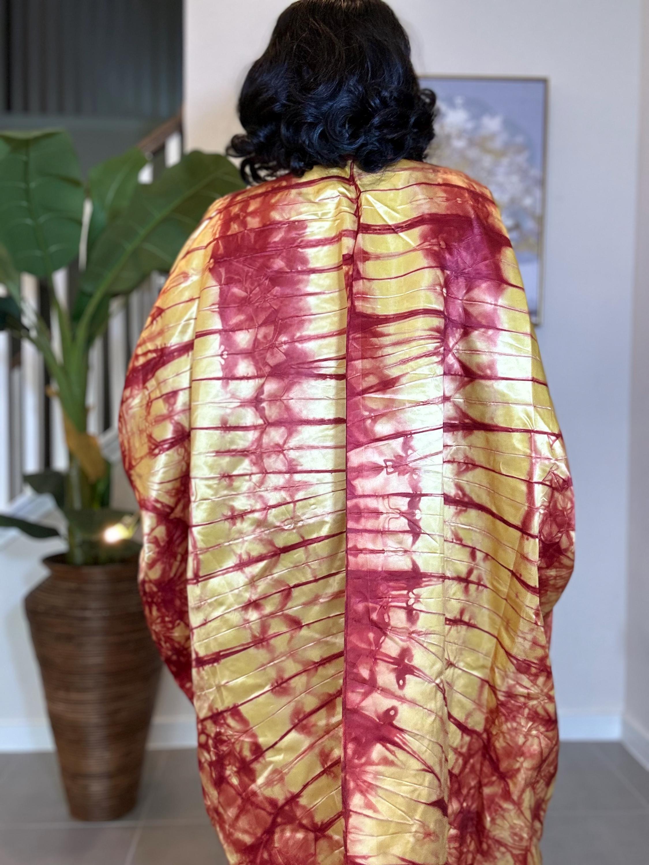 Handmade Adire Silk Kaftan Dress: Nigerian Tie-Dye Maxi with Pockets