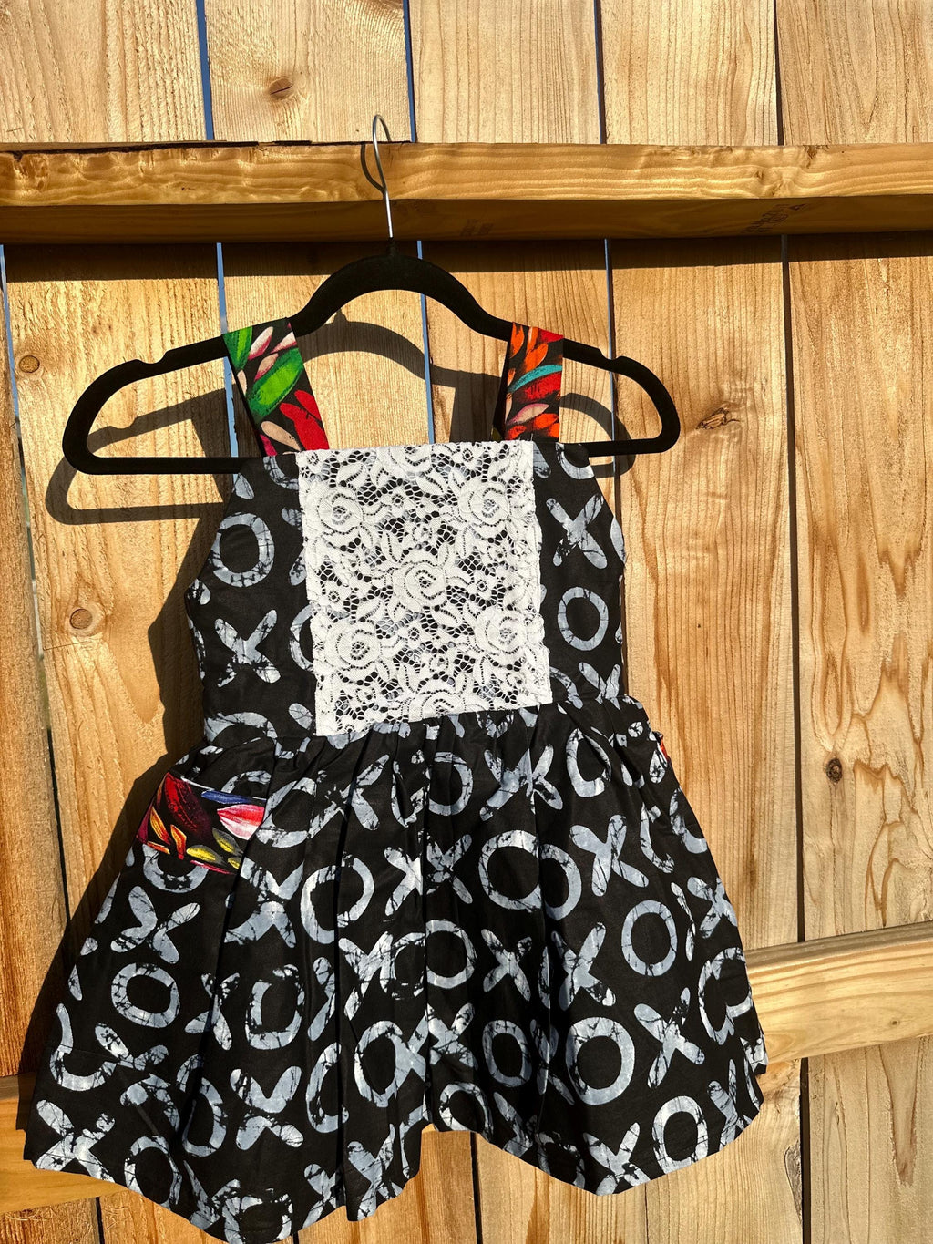 Handmade Ankara Kids Dress: Black & White XOXO Print, Lace Detail