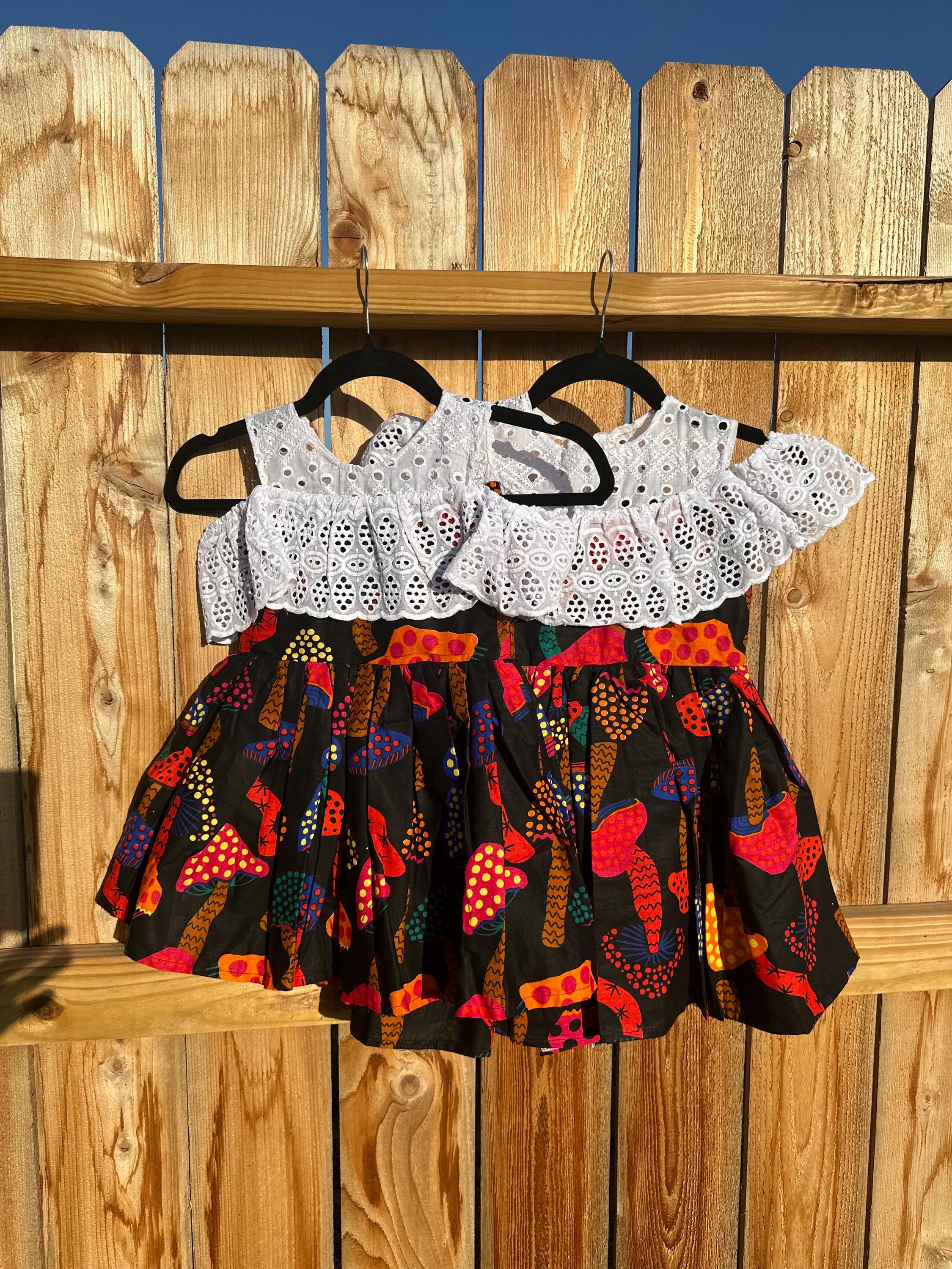 Girls Ankara Dress with Lace: African Print Off-Shoulder Toddler Outfit