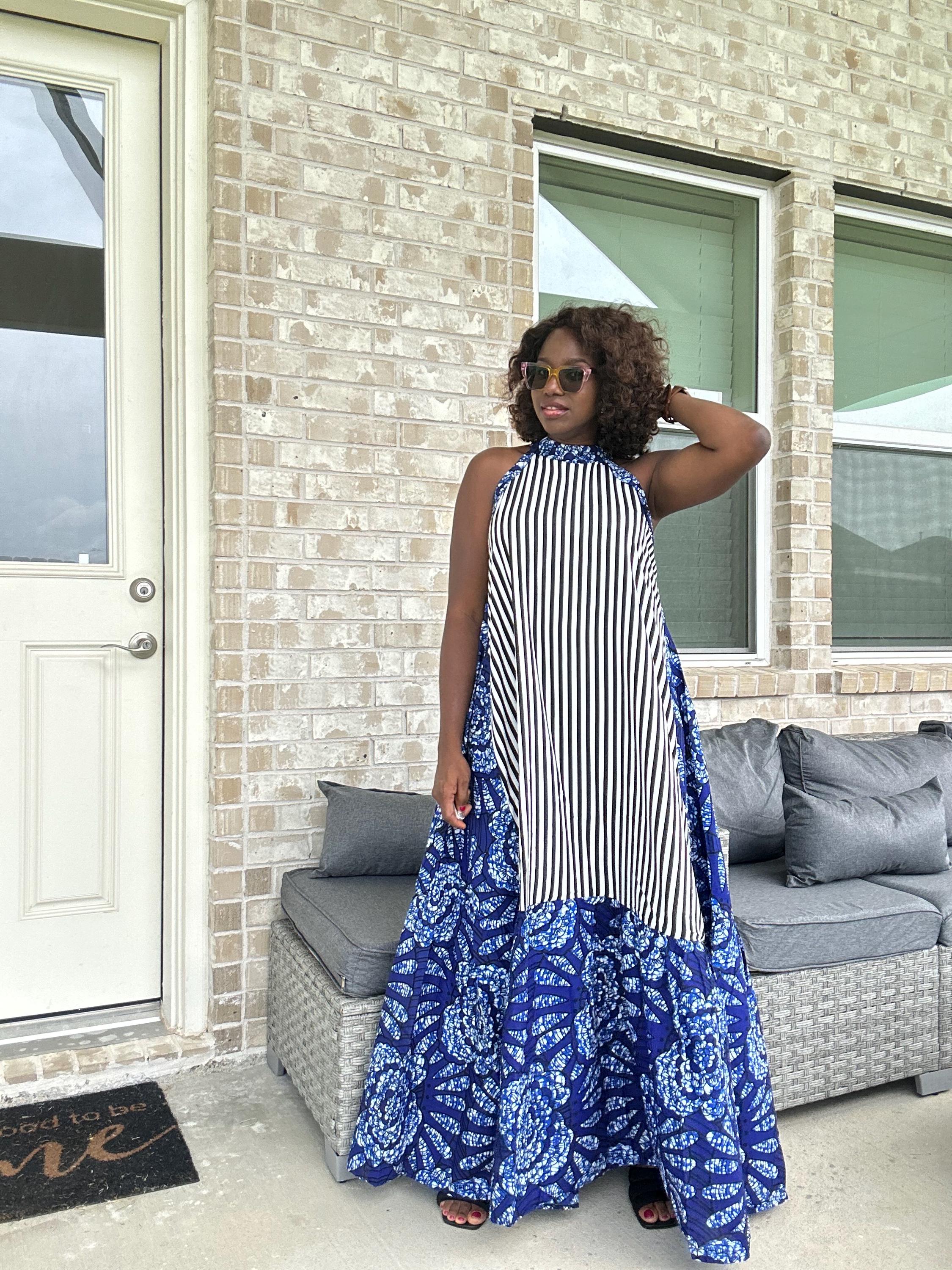 Ankara Maxi Dress, Striped Cotton, Afrocentric Wedding Attire
